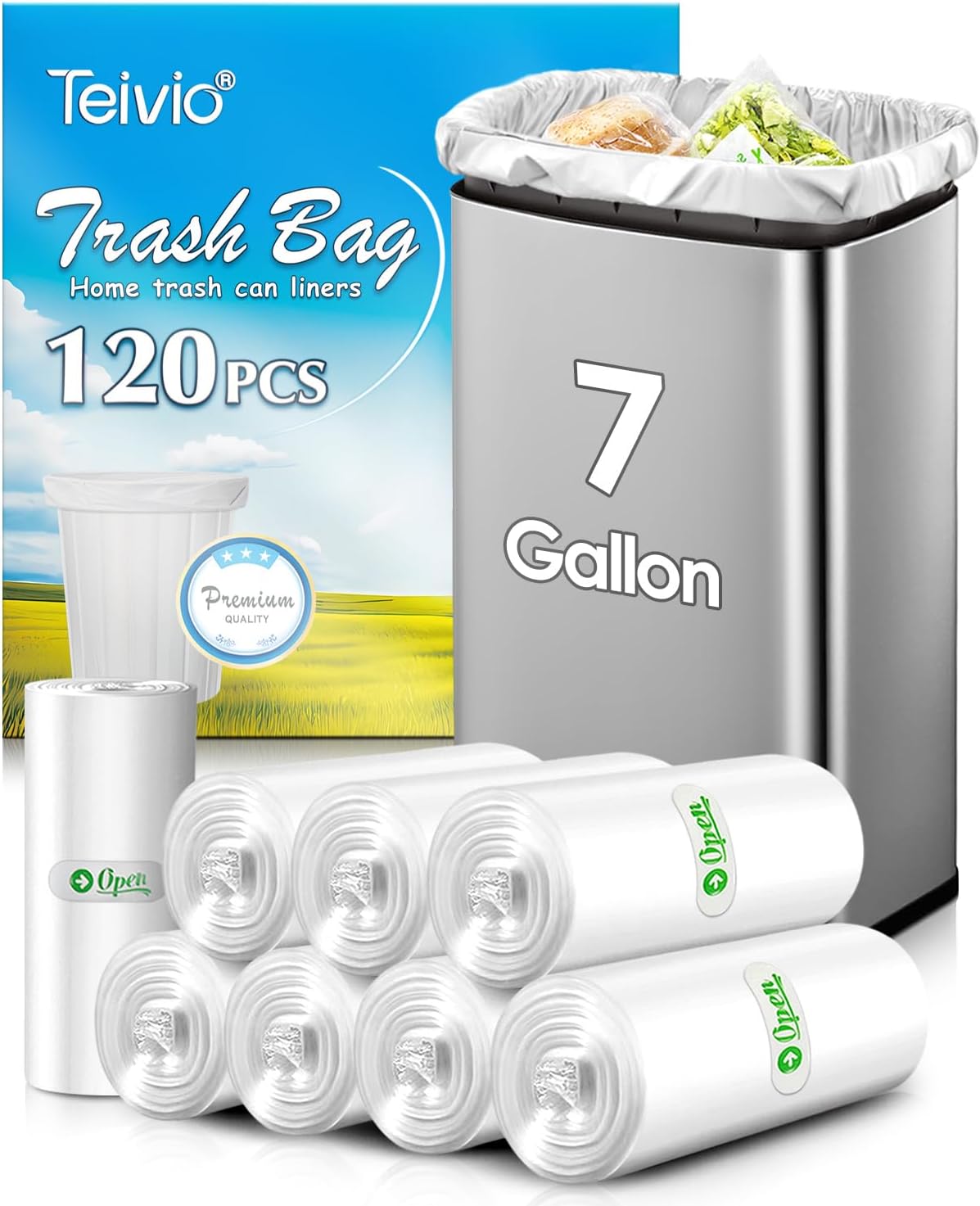 Teivio 7 Gallon 120 Counts Medium Garbage Bags 6 Gallon 7 Gallon Trash Bags, Waste Basket Liner, Bathroom Trash Can Bin Liners, Plastic Bags for home office kitchen, Clear