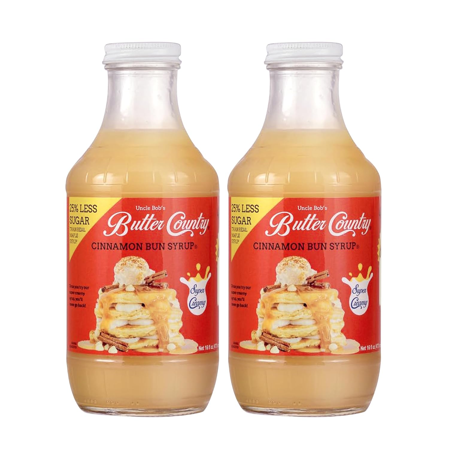 Uncle Bob's Butter Country Rich & Creamy Cinnamon Bun Flavored Buttermilk Syrup for Pancakes, Waffles, French Toast, & More, No Corn Syrup, Gluten Free, 16 fl oz Bottle/2 Pack