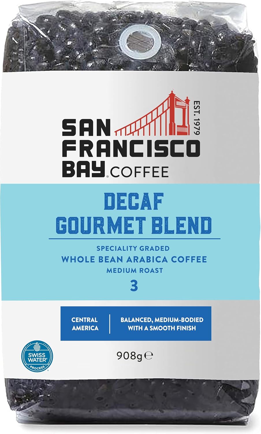 San Francisco Bay Decaf Gourmet Blend Whole Bean Coffee, 908g – Medium Roast 100% Arabica – Swiss Water Decaffeinated – Freshly Roasted in the UK
