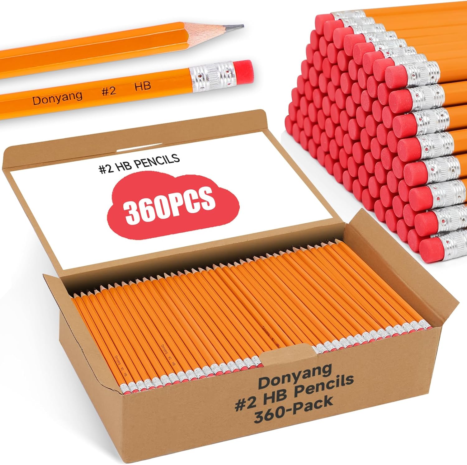 360 Pack #2 Pencils Bulk, Pre-Sharpened Number 2 HB Yellow Pencils with Top Erasers for School Classroom College Essentials Teacher Office Accessories, Writing, Drawing, Sketching