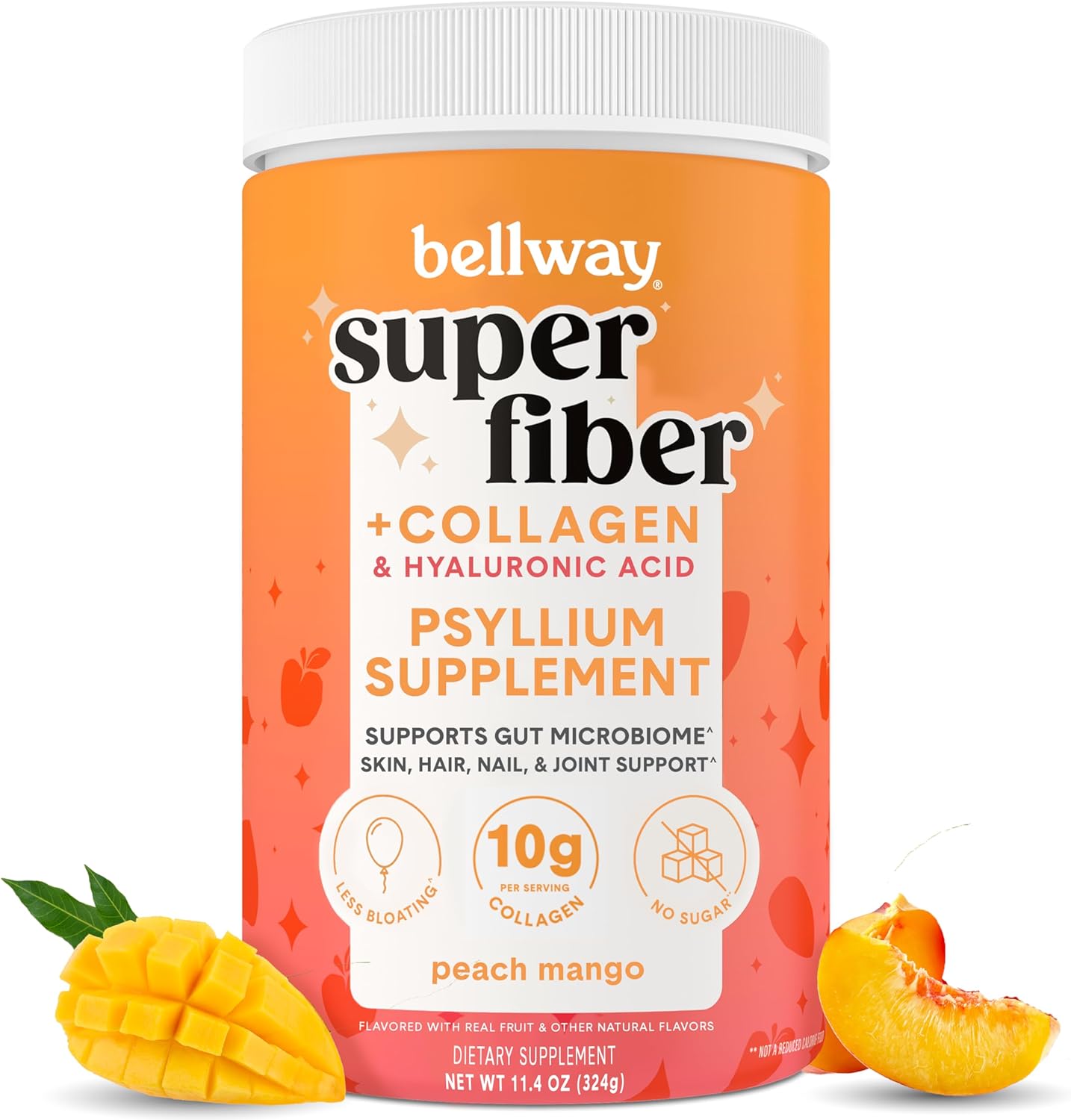 Bellway Super Fiber Powder + Collagen, Sugar-Free Psyllium Husk Powder with Collagen Peptides and Hyaluronic Acid for Digestive Health, Healthy Skin, Nails, Bones & Joints, Peach Mango (20 Servings)