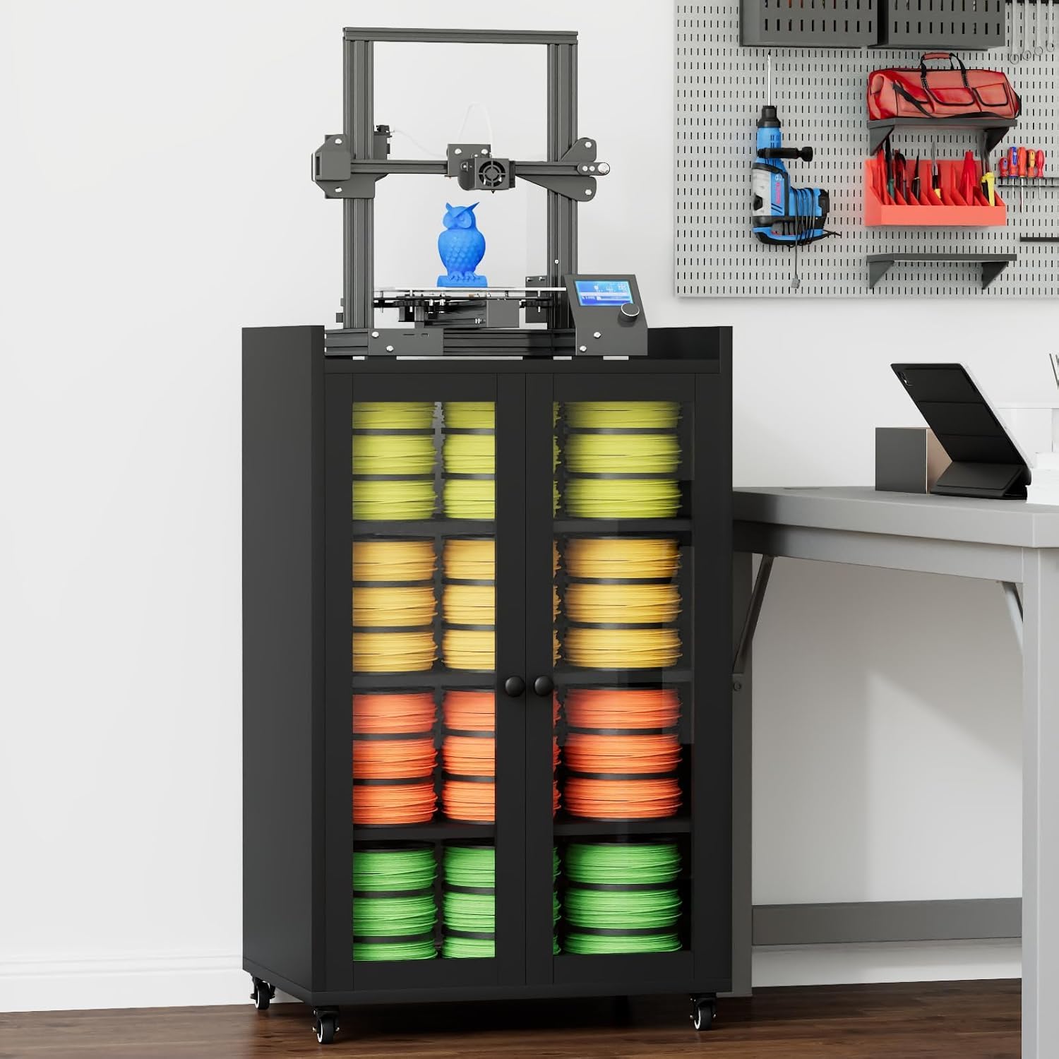 3D Printer Accessories Table – Dust-Proof 3D Printer Desk with Glass Door, Filament Storage & Wheels – Heavy Duty Stand for 3D Printing Setup