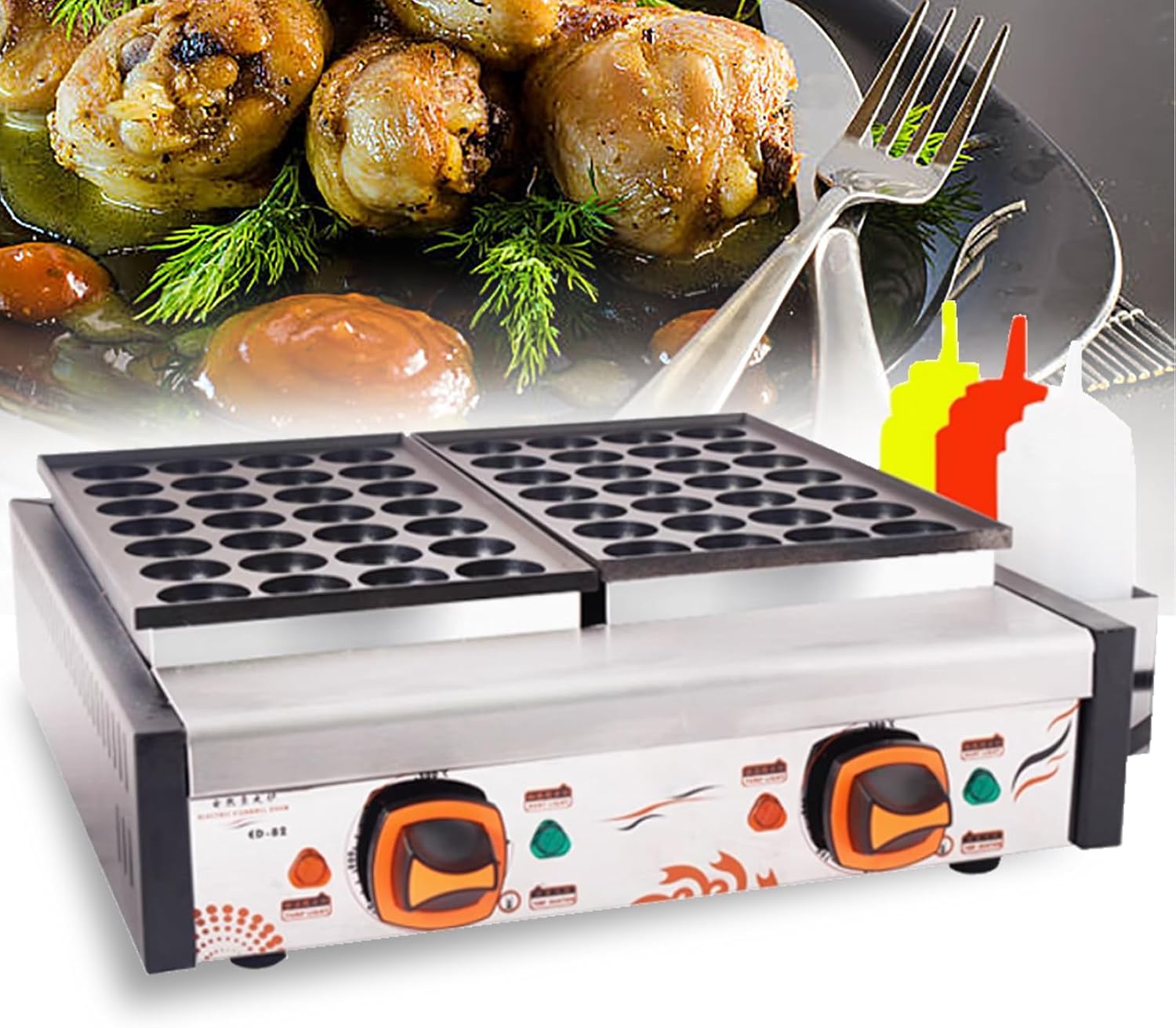 Dfdieratve Commercial Takoyaki Pan, Electric Takoyaki Grill, 56pcs Octopus Meat Fish Ball Maker, 2 Non-Stick Plates 3.3kW High Power Takoyaki Maker Machine, for Street Food Stalls, Food Trucks