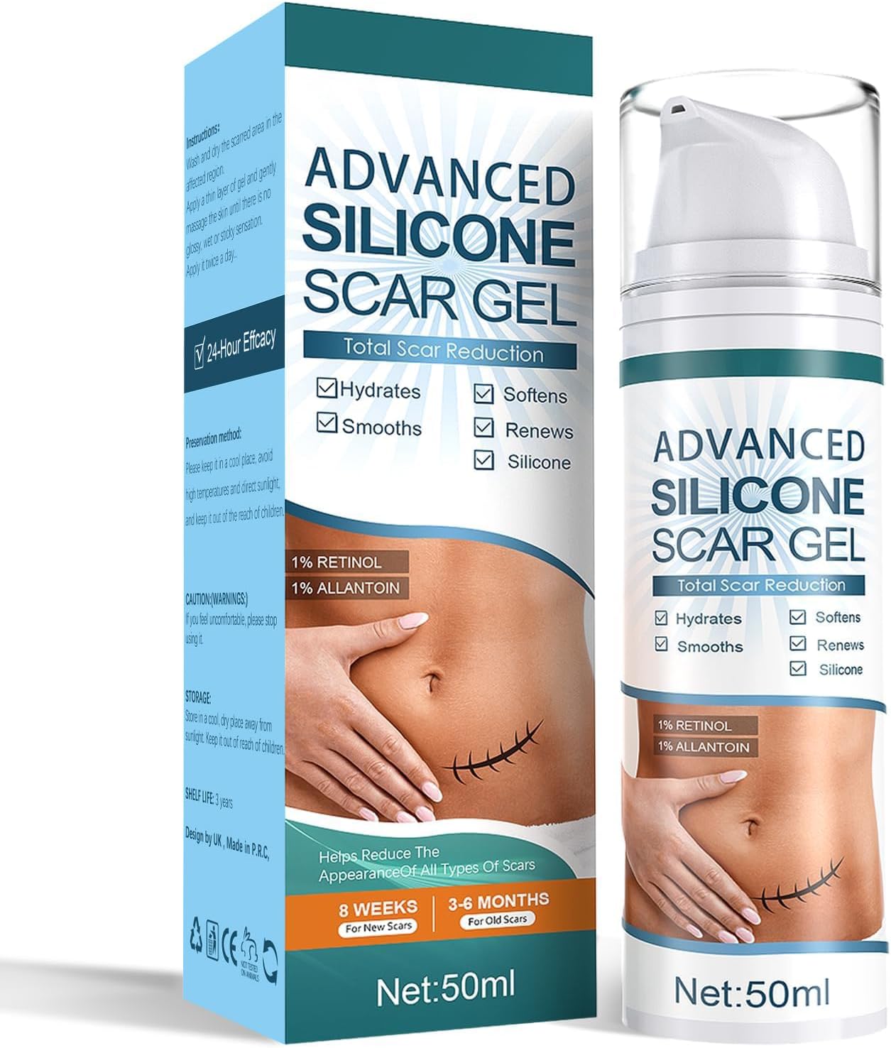 Advanced Silicone Scar Gel, Effective Scar Cream - Reduces The Appearance of Both Old and New Scars from Burns, Injury, Acne, Stretch Marks, Keloid, C-Section, and More, 1.7 oz