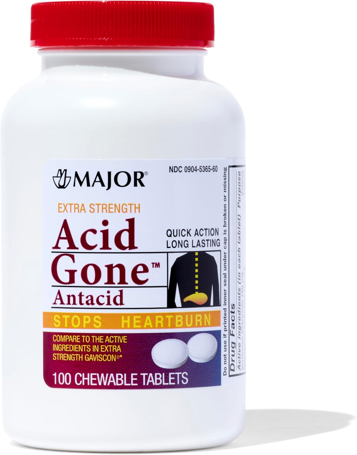 Major Pharmaceuticals Acid Gone Antacid Generic for Gaviscon Extra Strength Chewable Tablets, 100 Count Per Bottle (3 Pack)