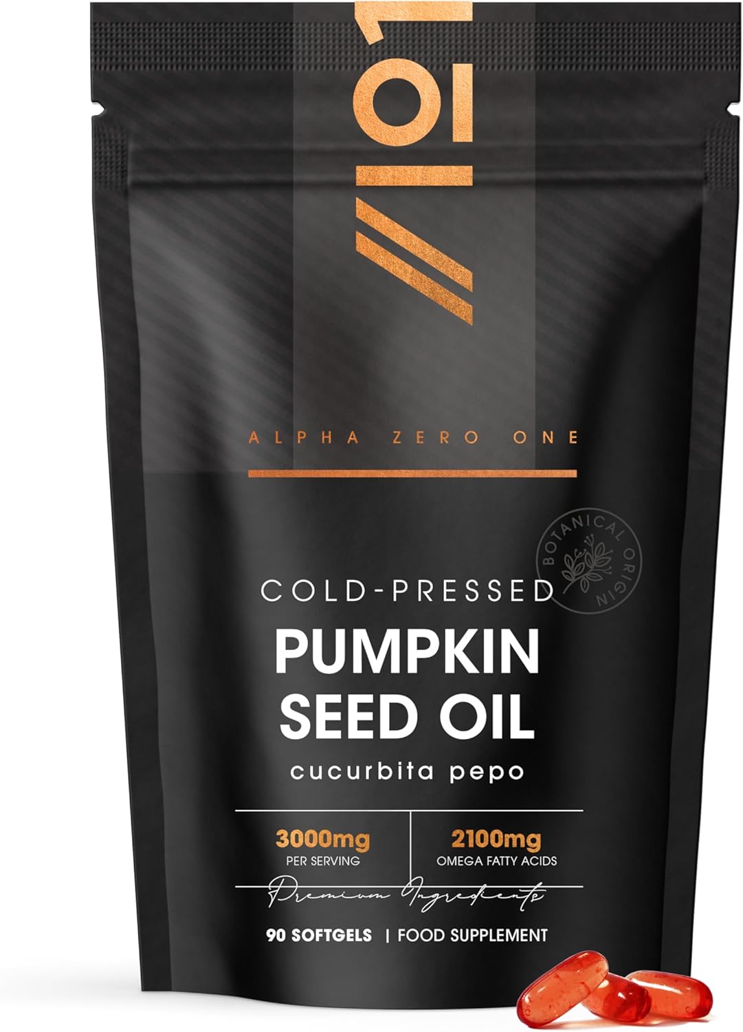 Pumpkin Seed Oil 3000mg – 70% Linoleic & Oleic Acid – 90 Softgels – 100% Cold Pressed – No Additives – Resealable and Recyclable Pouch by Alpha01