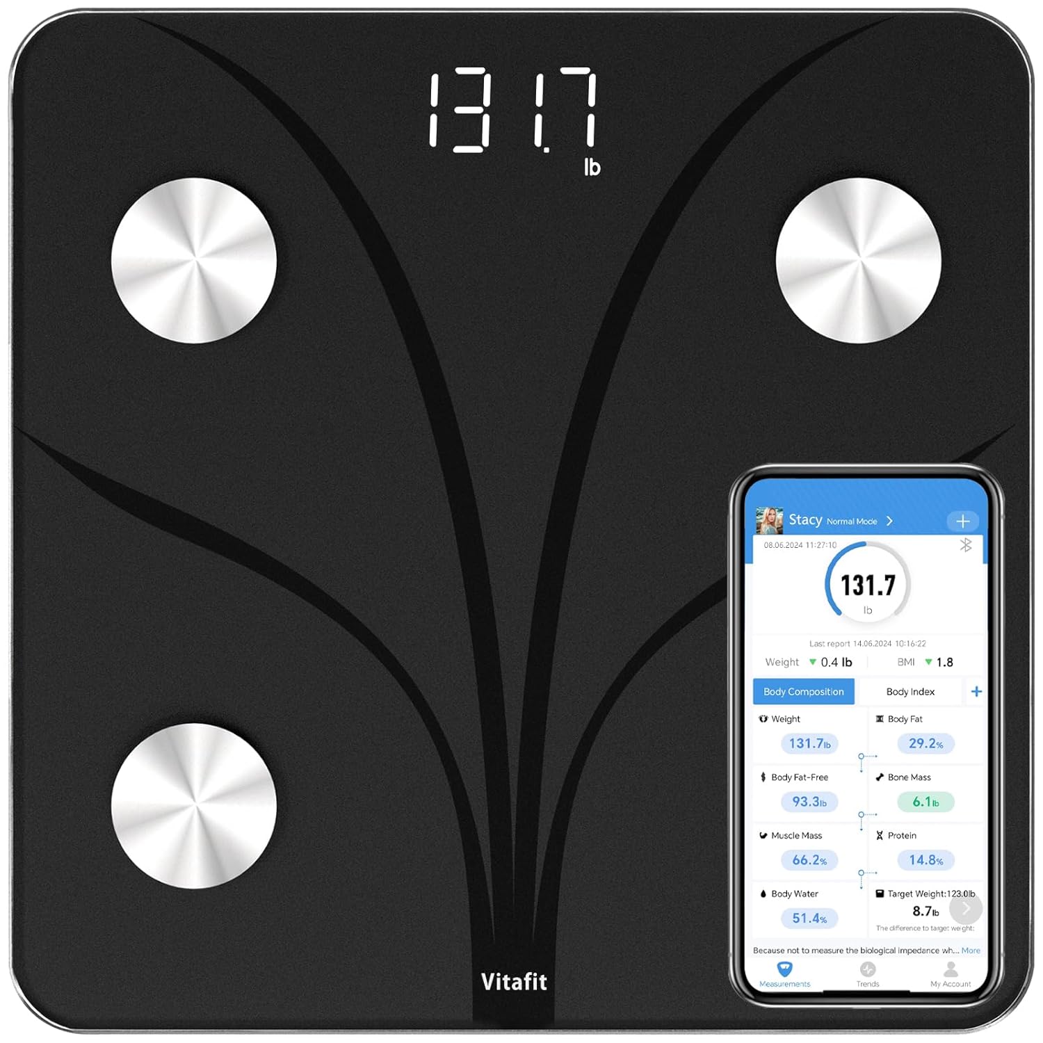 Vitafit Smart Bathroom Scales for Body Weight, High Accuracy Assured by Weighing Scales Professional Factory SINCE 2001, App Sync 13 Body Composition including BMI, Body Fat and Muscle, 28st, Black