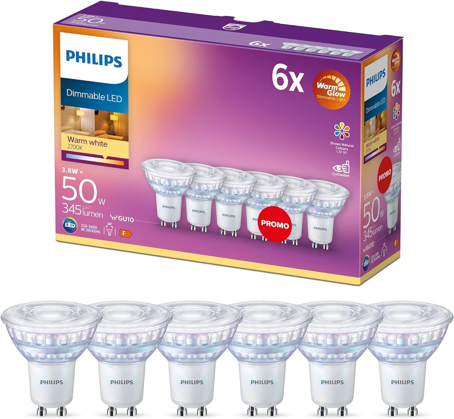 Philips WarmGlow 6 Pack Dimmable [GU10 Spot] LED Light Bulbs, 3.8 W - 50W Equivalent, 2700-2200K. for Relaxed Home Lighting