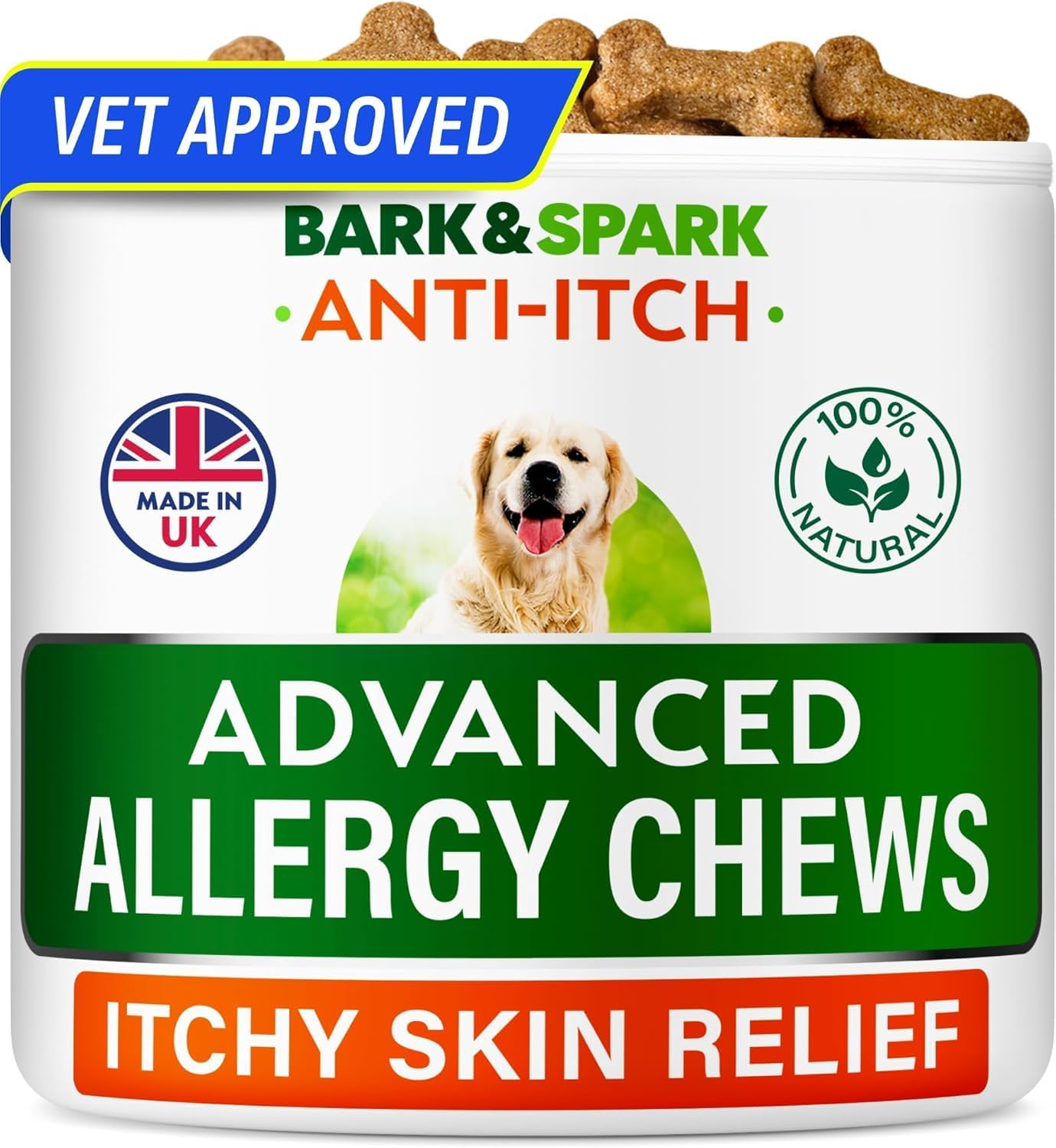 BARK&SPARK Dog Itch & Allergy Support Chews - Skin & Coat Supplement - Omega 3 Fish Oil -Itching & Paw Licking - Dry Skin & Hot Spots - 60ct - Pork