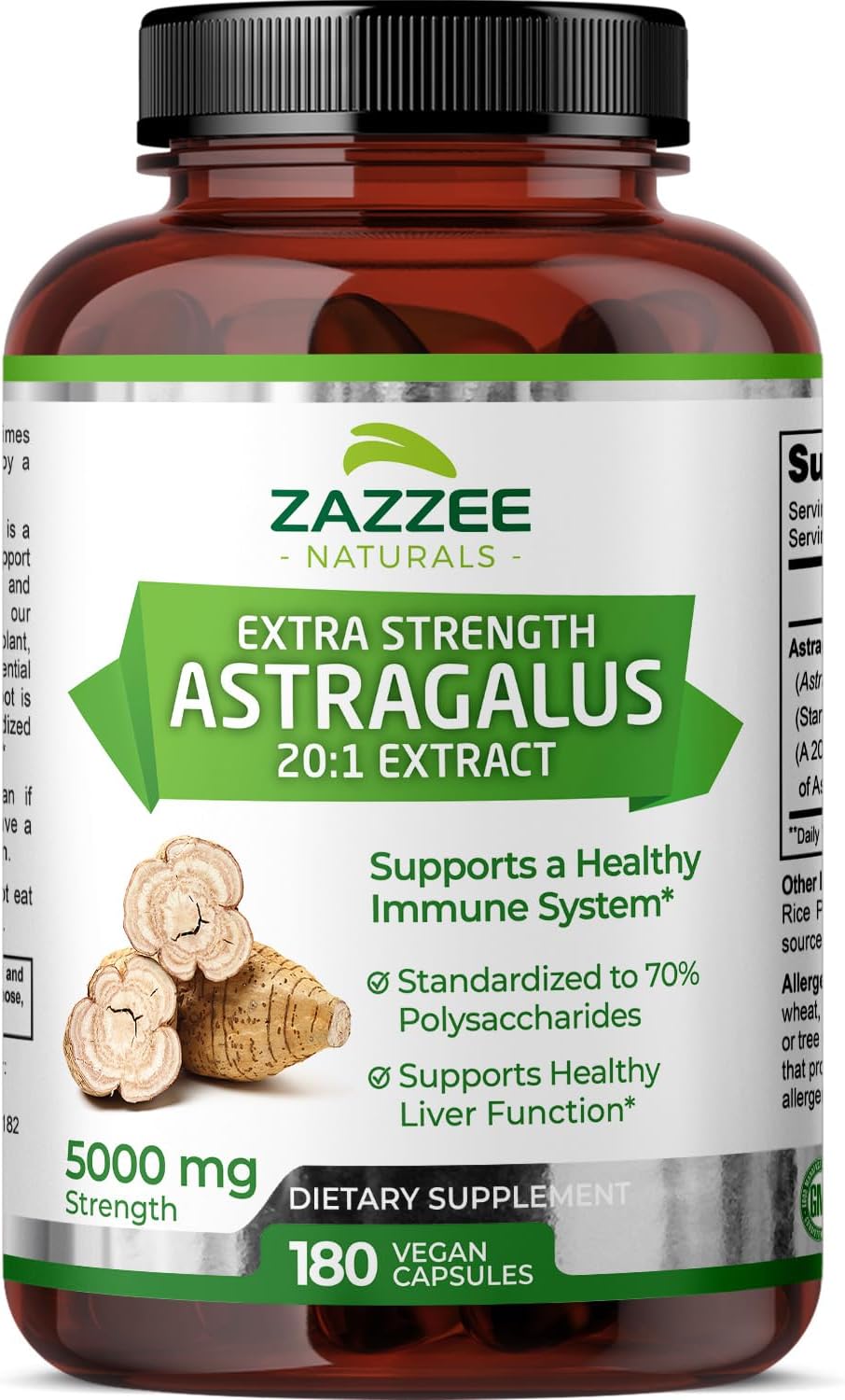 Zazzee Extra Strength Astragalus Root 20:1 Extract, 5000 mg Strength, 70% Polysaccharides, 180 Vegan Capsules, 6 Month Supply, 100% Vegetarian, Standardized and Concentrated 20X Extract, Non-GMO