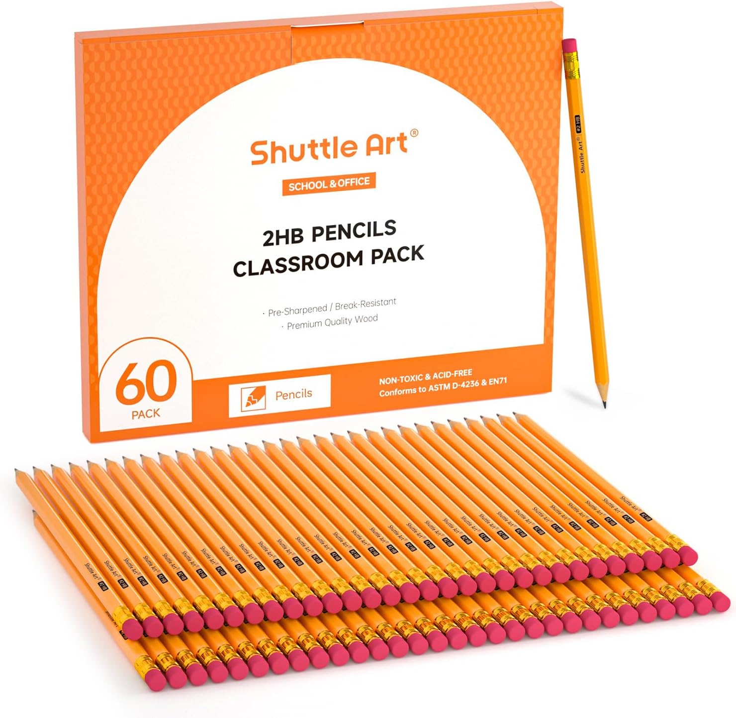 Shuttle Art #2 HB Pencils with Rubbers, 60 Pack, Sharpened, Yellow Wooden Pencils for Kids & Teachers, School Writing, Graphiting, Back to School Supplies