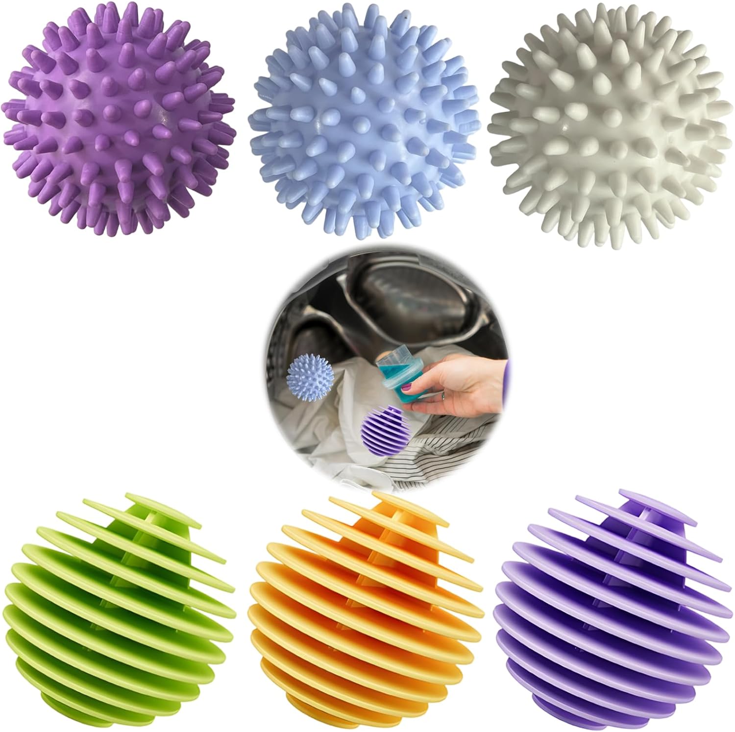 6 Pcs Tumble Dryer Balls, 3 Pcs White Blue Purple Drying Balls and 3 Pcs Random Color Balls, Laundry Balls for Tumble Dryer and Washing Machine, Reusable Dryer Balls for Soft Clothes