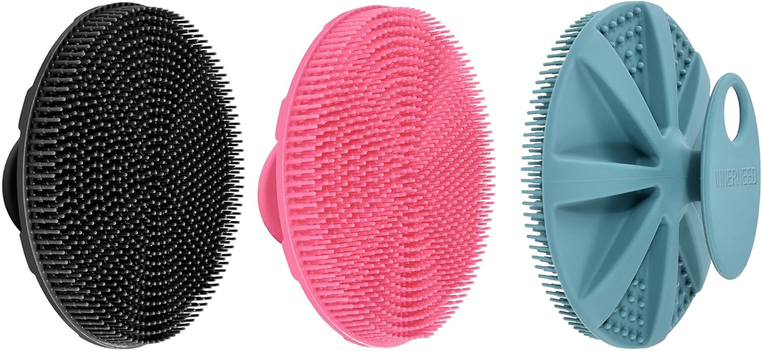 INNERNEED Food-Grade Soft Silicone Body Scrubber Shower Brush Handheld Cleansing Skin Brush, Gentle Exfoliating and Lather Well (Pack of 3)