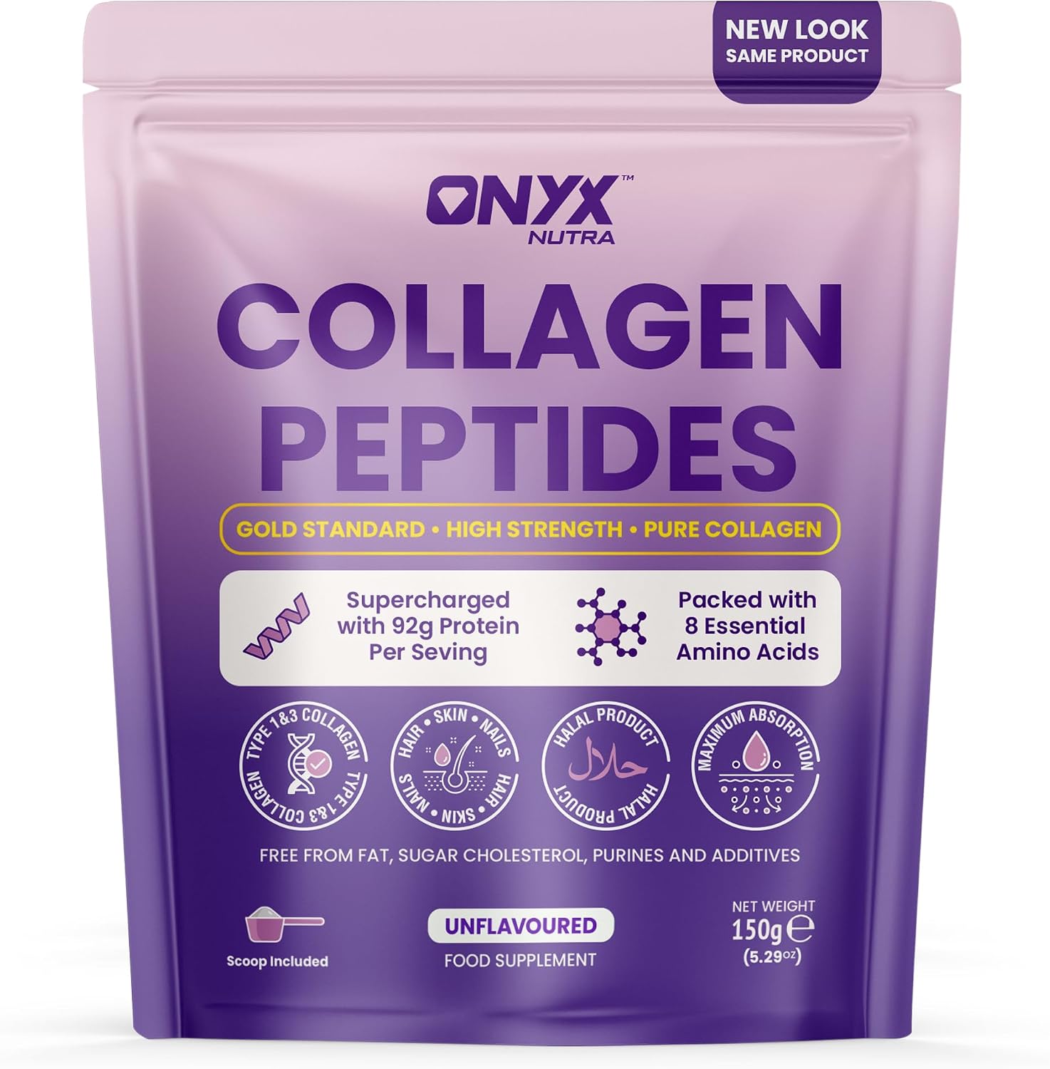 Premium Collagen Powder (Type I, III) Hydrolysed Bovine Collagen Peptides Powder - Halal Certified - 19 Amino Acids - High Levels of All 8 Essential Amino Acids & BCAAs - 150g