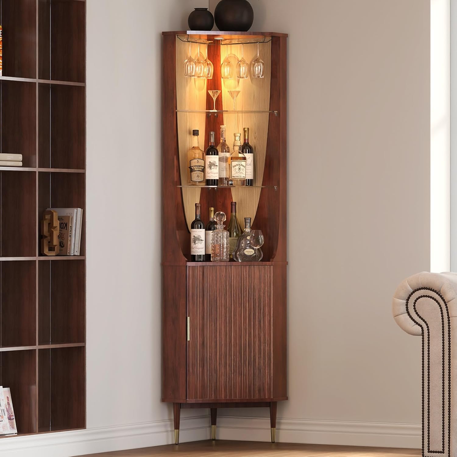 JOINICE Tall Corner Bar Cabinet for liquor,Mid-Century Modern,Walnut,70"