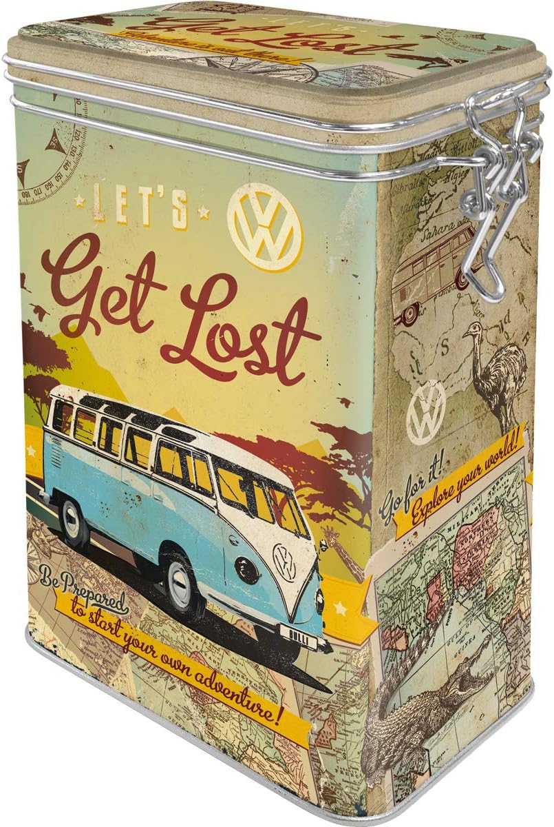 Nostalgic-Art Retro coffee tin box, 44 oz, VW Bulli – Let's Get Lost – VW Bus Gift idea, Official License Product (OLP), metal clip top can, vintage design