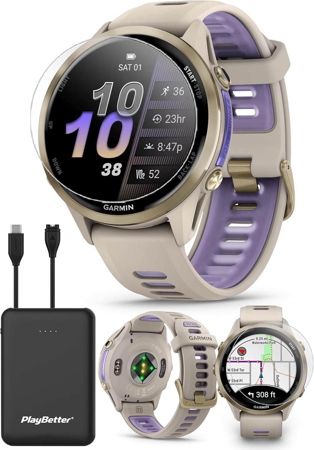 PlayBetter Garmin Forerunner 970 (Soft Gold French Gray/Translucent Indigo) Premium GPS Running & Triathlon Smartwatch Bundle - AMOLED, LED Flashlight Portable Charger & HD Screen Protectors