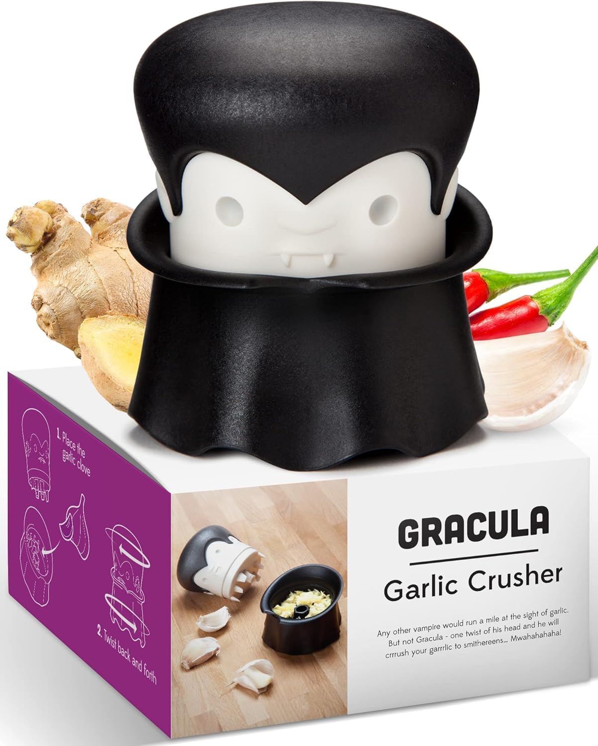 OTOTO Gracula Garlic Press, Garlic Mincer, Garlic Peeler Crusher, Halloween Kitchen - Also for Ginger, Nuts, Chili, Herbs - Spooky Goth Gifts