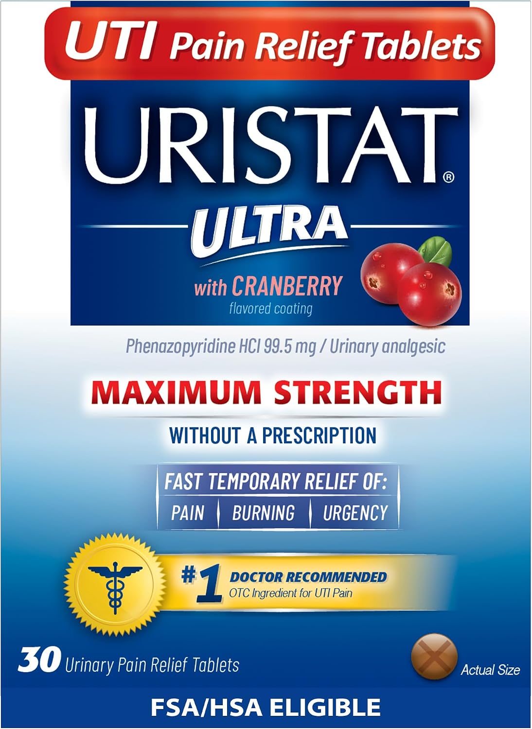 URISTAT Ultra Strength UTI Relief Tablets, Cranberry Flavor, 30 Count