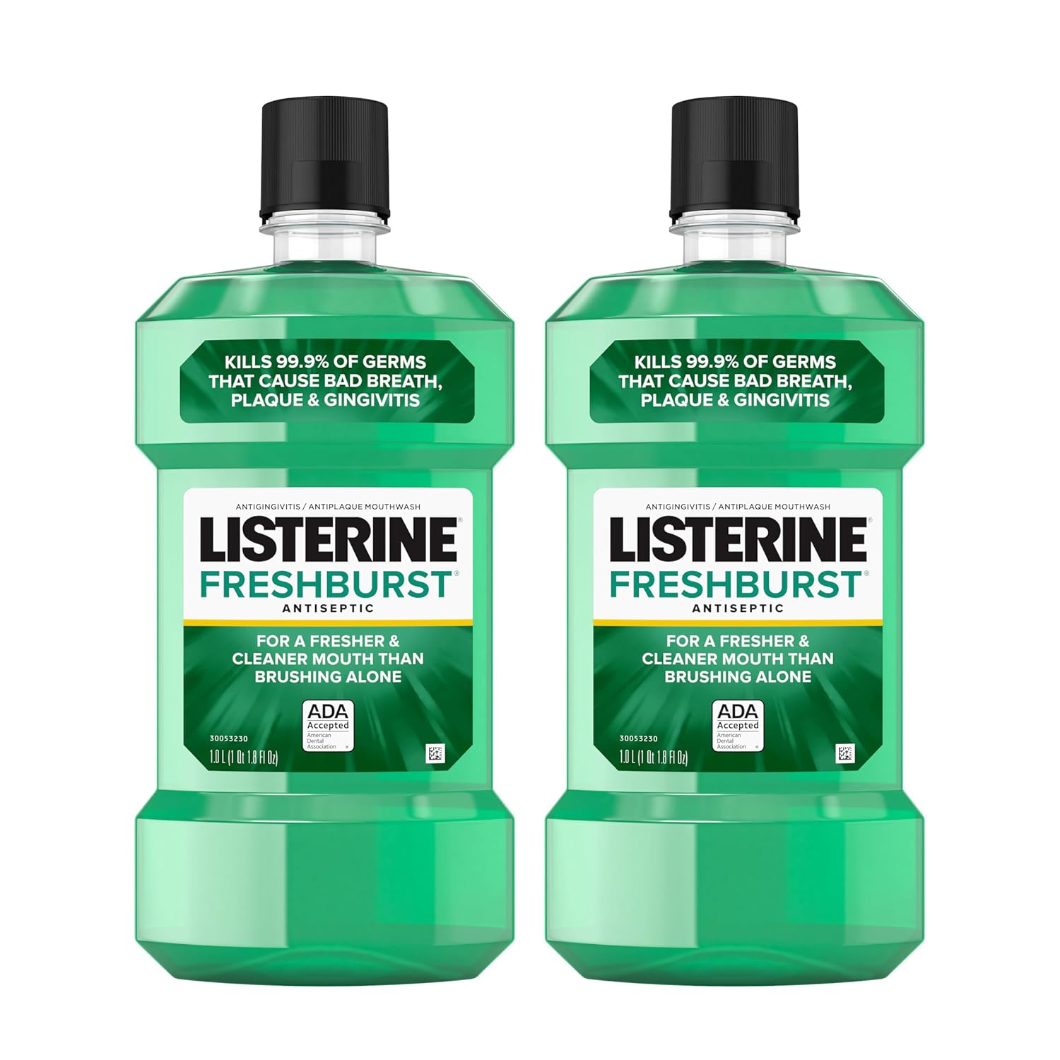 Listerine Freshburst Antiseptic Mouthwash for Bad Breath, Kills 99.9% of Bad Breath Germs & Fights Plaque & Gingivitis, ADA Accepted Mouthwash, Spearmint, Convenience Pack, 1 L, 2 Pack