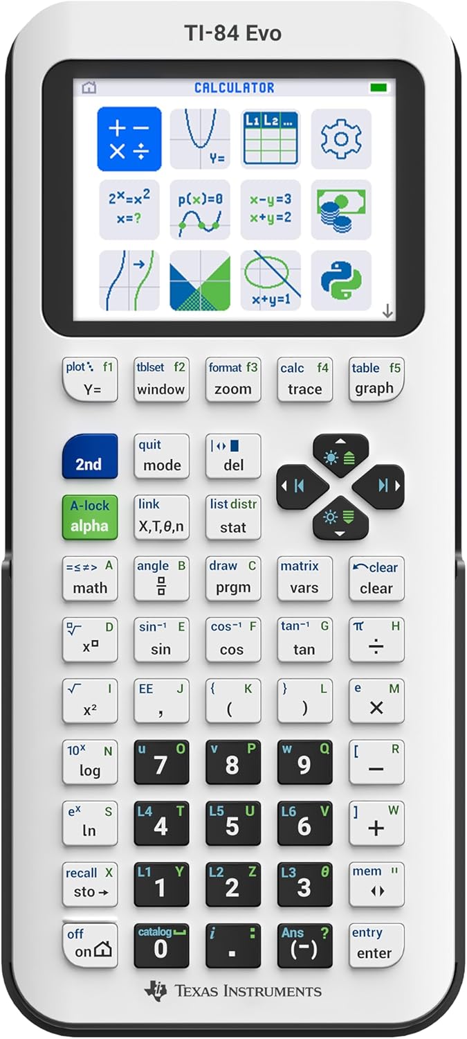 TI-84 Evo Graphing Calculator Texas Instruments, White – USB-C Charging, Python Programming, Faster Performance and Bigger Graphs Than TI-84 Plus CE