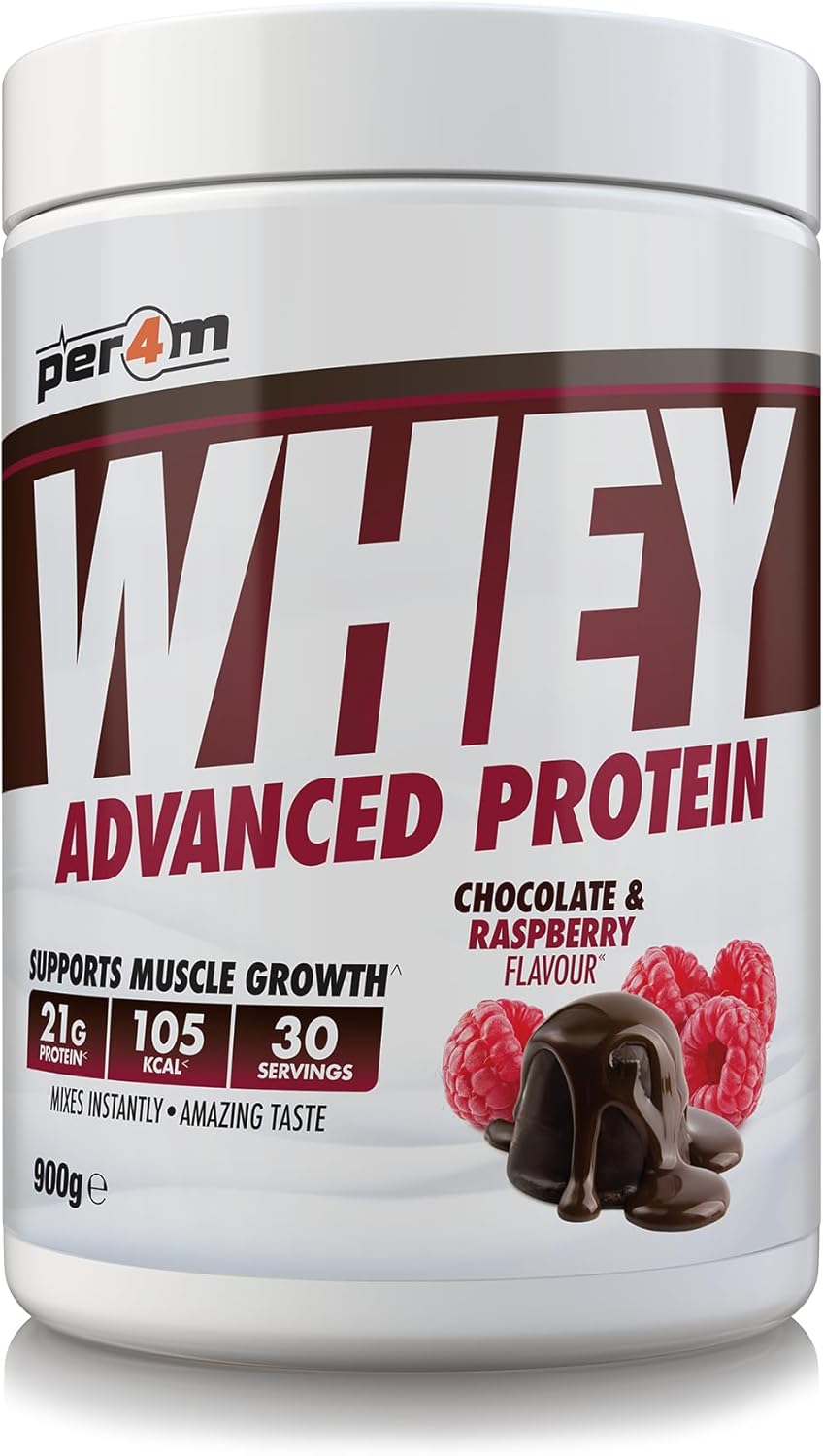 per4m Protein Whey Powder | 30 Servings of High Protein Shake with Amino Acids | for Optimal Nutrition When Training | Low Sugar Gym Supplements (Chocolate and Raspberry, 900g)