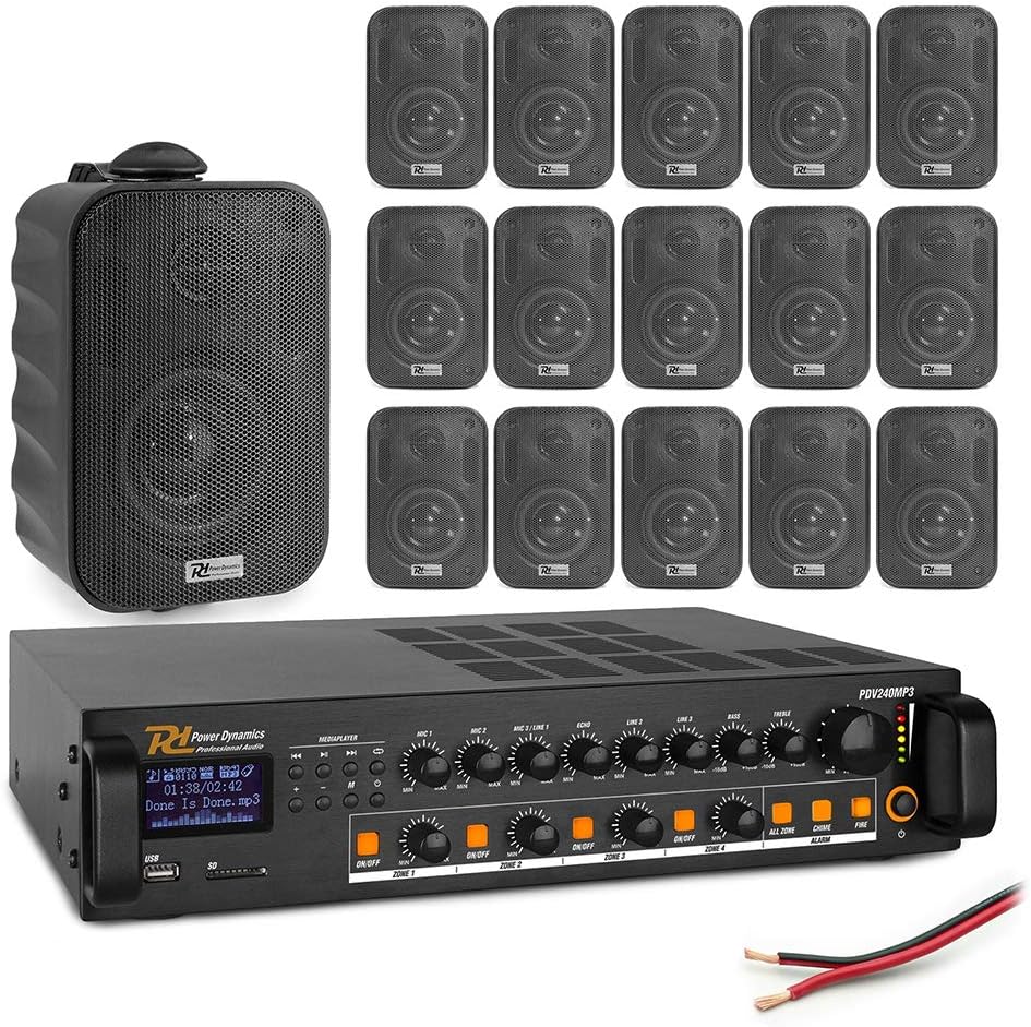 Power Dynamics 4-Zone Wall Mount PA Speaker System with Bluetooth Amplifier, 16x Weatherproof Black 3" Outdoor Speakers, Mixer Amp 240W, Audio Cable - Commercial Background Music Solution