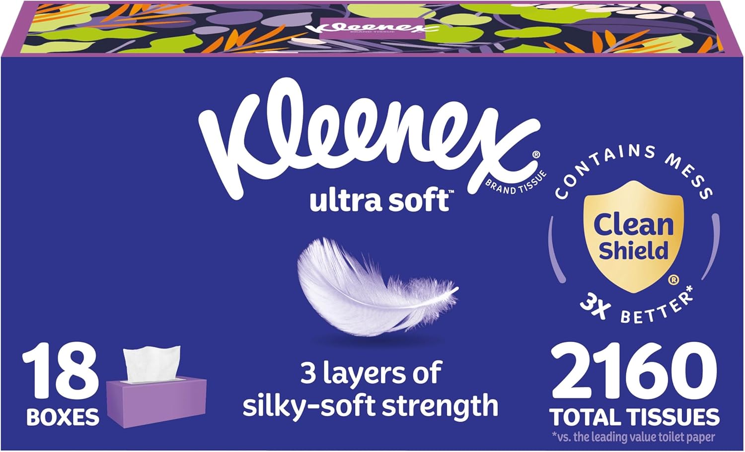 Kleenex Ultra Soft Facial Tissues, 18 Flat Boxes, 120 Tissues per Box, 3-Ply (2,160 Total), Packaging May Vary