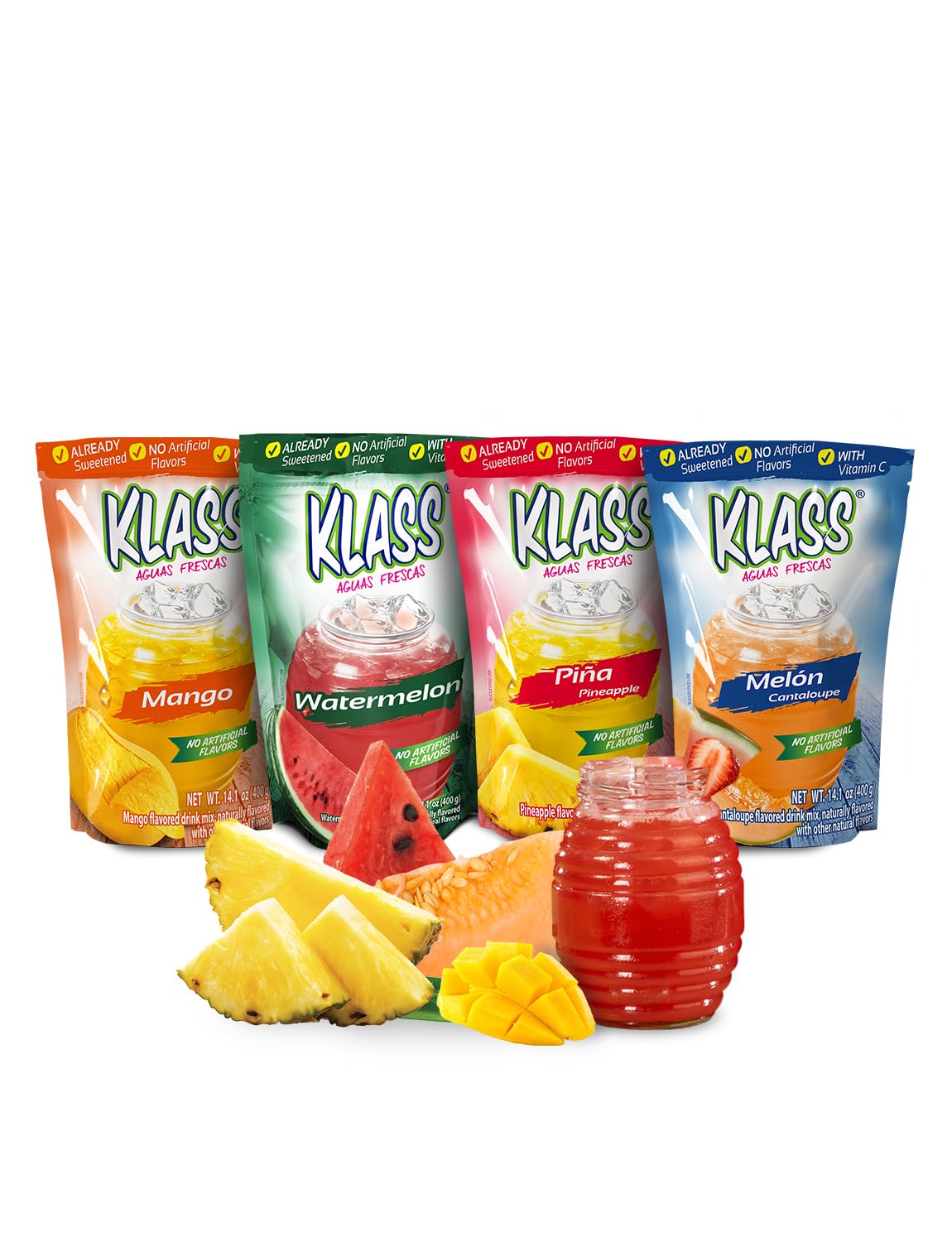 Klass Aguas Frescas | Drink Mix Tropical Variety Pack | Watermelon, Cantaloupe, Mango & Pineapple Drinks Flavors | From Natural Sources, No Artificial Flavors, With Vitamin C (Makes 7 to 9 Quarts) 14.1 Oz Family Pack (4-Pack)
