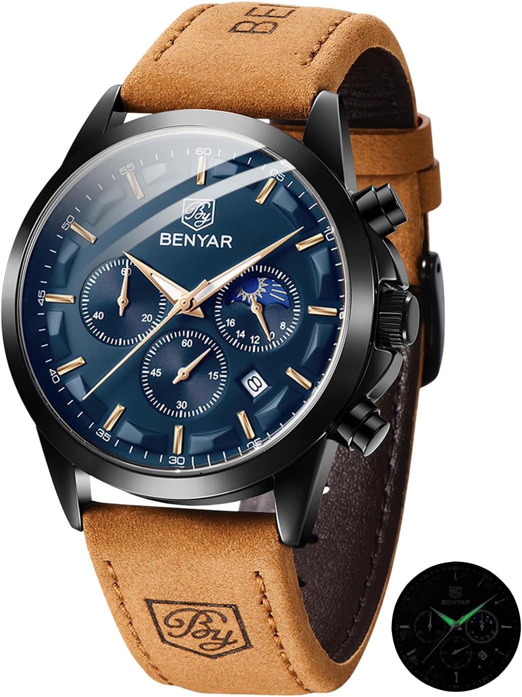 BY BENYAR Men's Watch UK Wristwatches for Men Easy-to-Read Watches Men Luxury Waterproof for Swimming Chronograph Sliver/Gold/Blue/Black Leather/Stainless Birthday/Christmas/Fathers Day Gift
