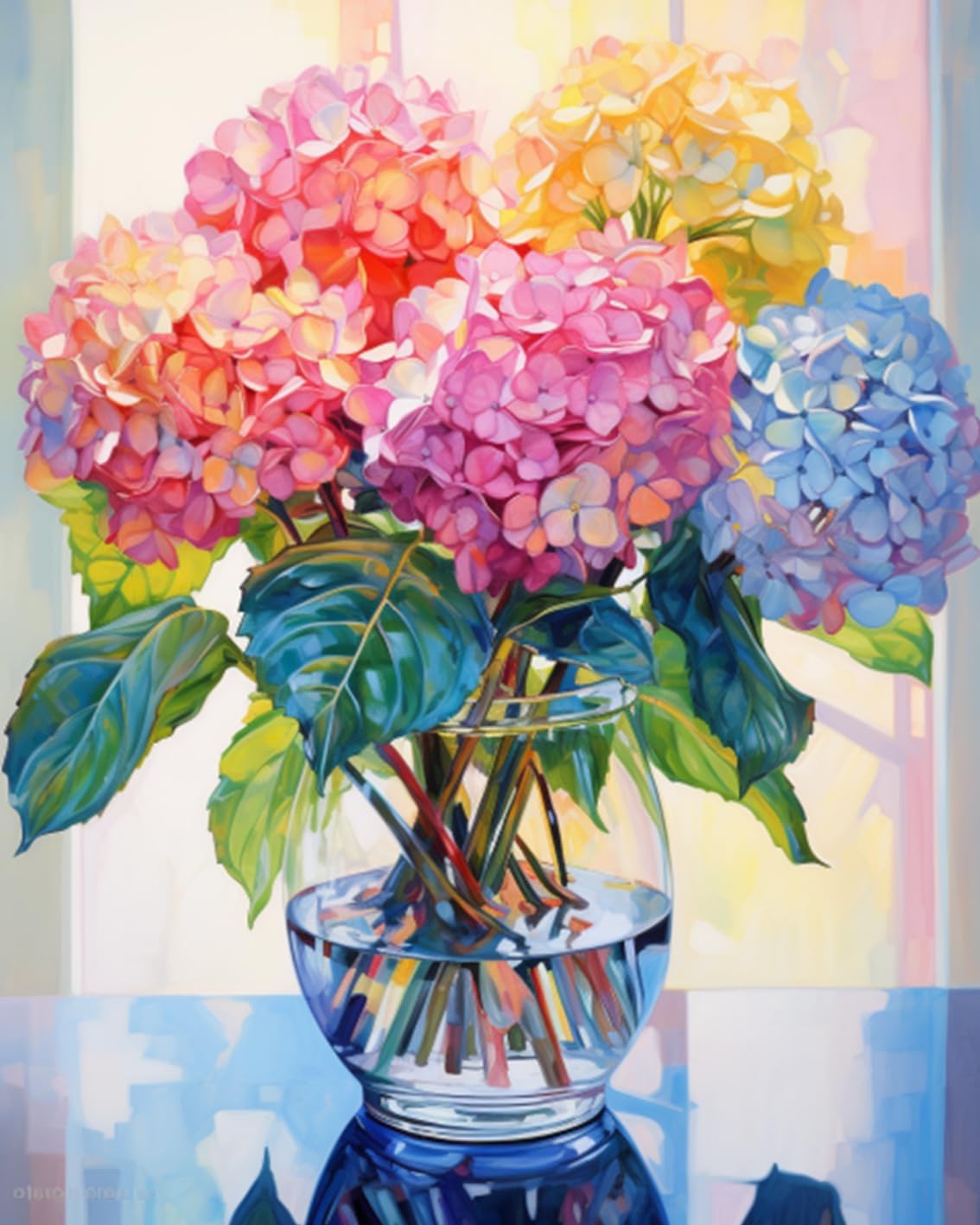Tucocoo Hydrangea in Glass Vase Window Landscape Paint by Bumbers for Adults Beautiful Flower DIY Paint by Numbers Acrylic Paint Canvas Colorful Flowers Painting Kits Art 16x20 Inch（Without Frame）