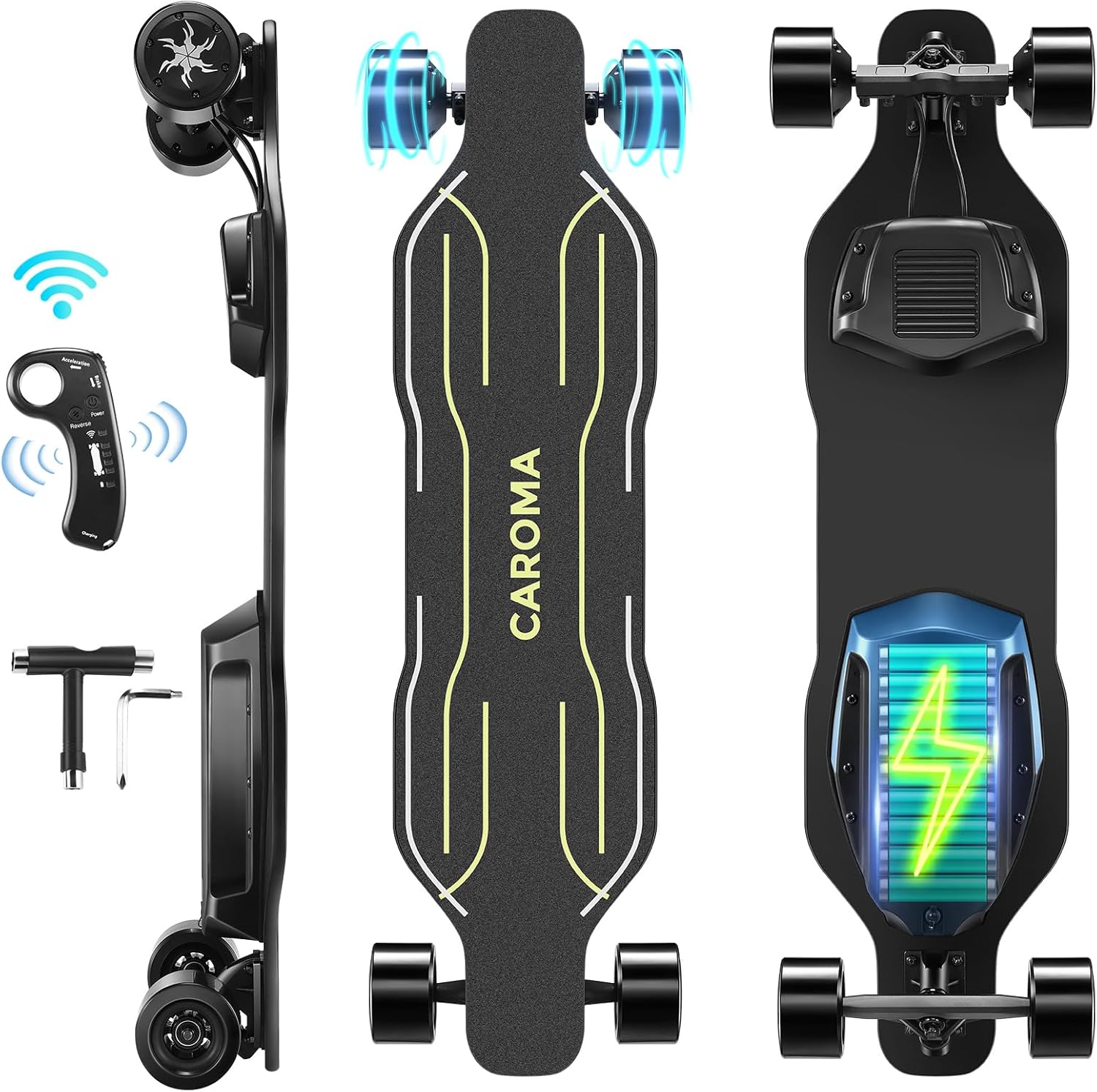 Caroma Electric Skateboards with Remote and Luminous,28Mph Top Speed,1200W Motor,28Miles Max Range,4 Speed Mode,6Ah Battery,7 Layers Maple Electric Longboard for Adult＆Beginner,Campus Commuting