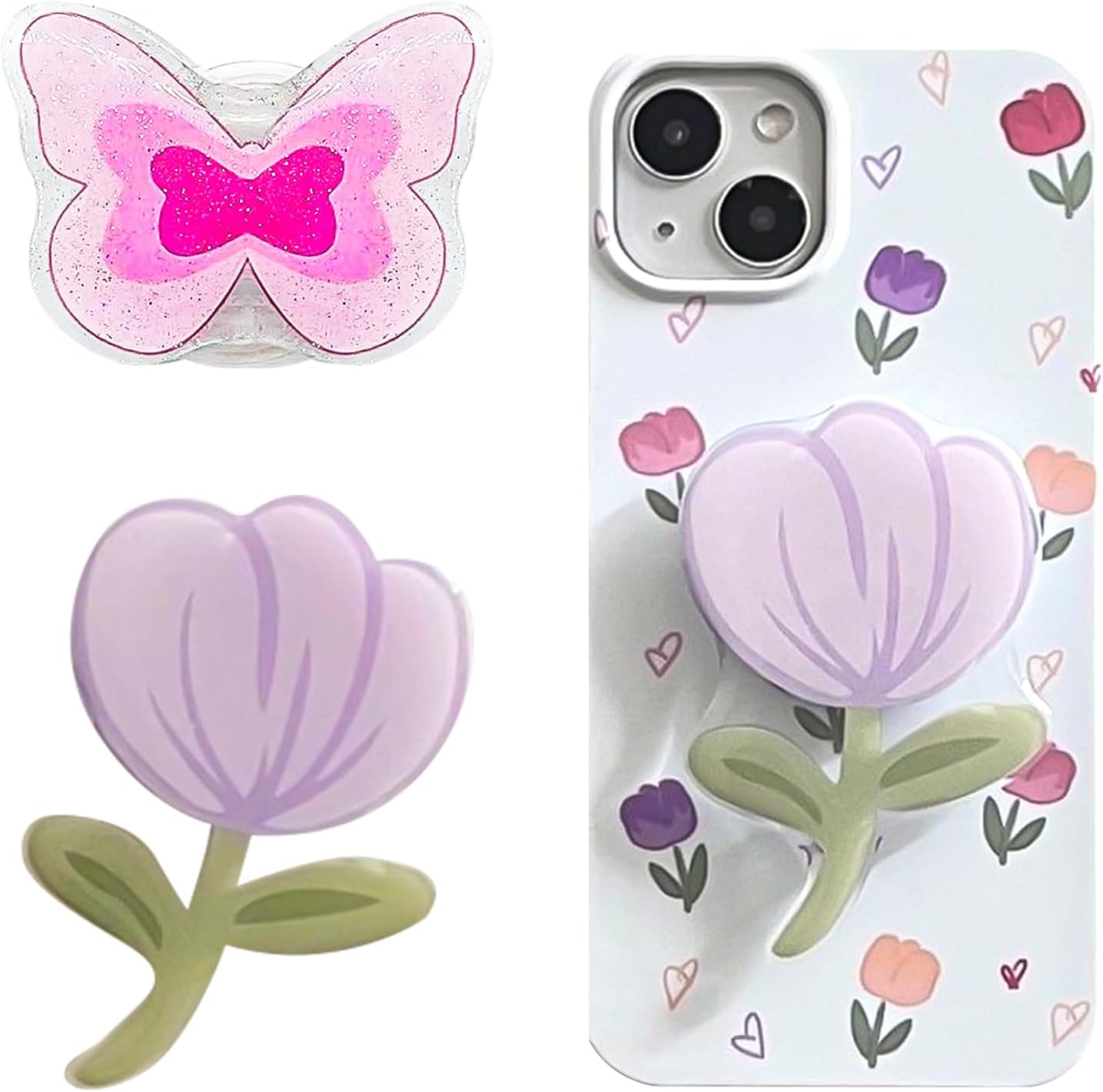 2-Pack Butterfly & Tulip Phone Grip - Cute Collapsible Stand for Kindle, Pink Mobile Holder for Smartphone and Tablet Accessory