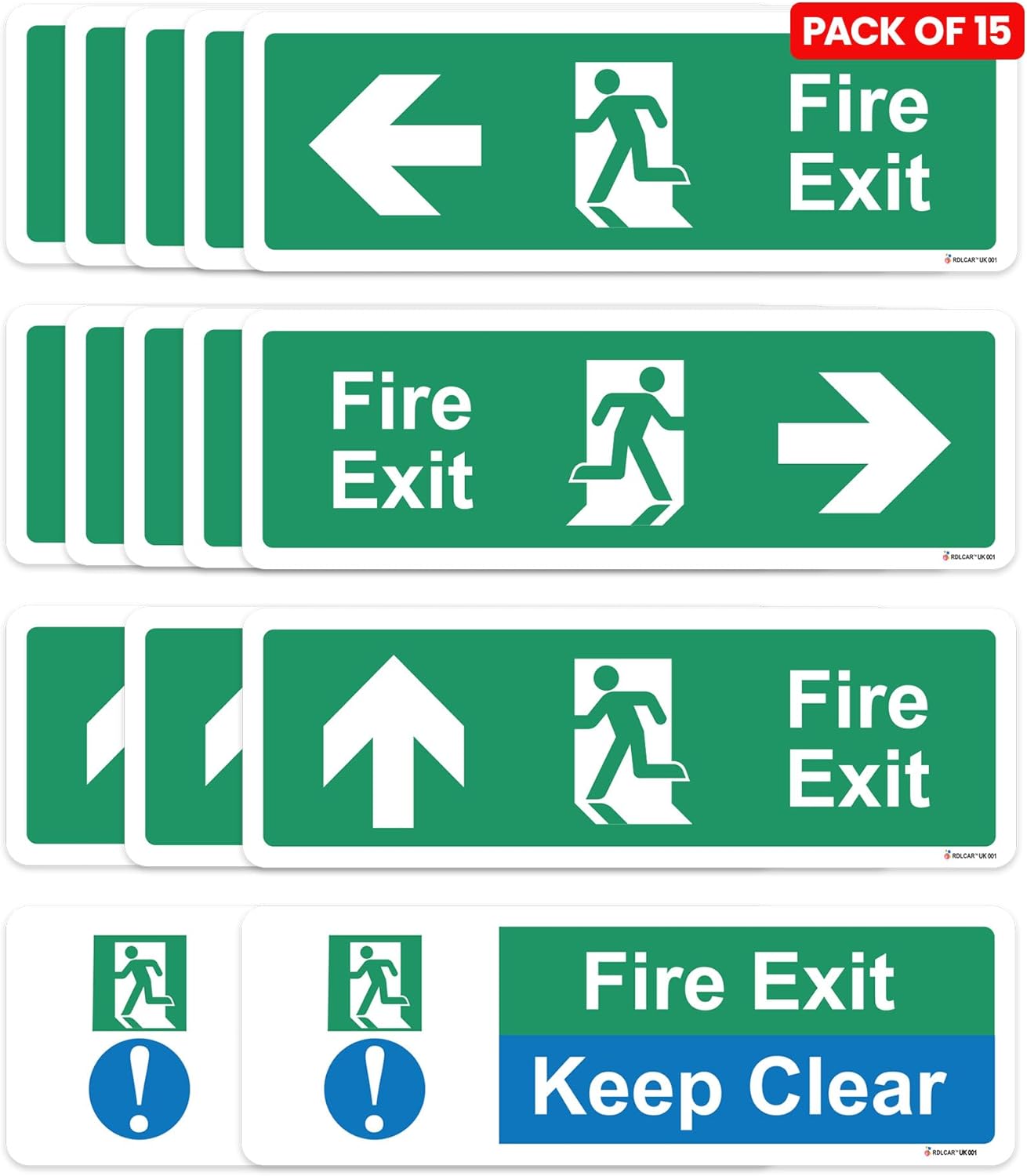 RDLCAR Safety Fire Exit Arrow Signs Pack of 15 Includes Left Right Up Arrows and Fire Exit Keep Clear Signs Self Adhesive 300mm x 100mm Door Mount Signage