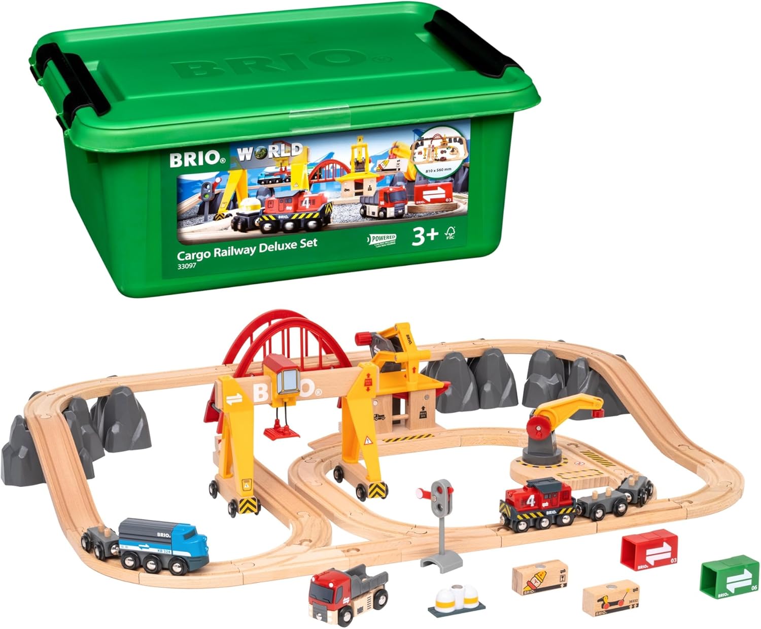 BRIO World Cargo Railway Deluxe - Wooden Track Train Set - Battery-Powered Engine, 3 Cranes, Bridge, Truck - Kids Ages 3+ - Compatible with All BRIO Sets - FSC Certified Wood - 54-Pieces