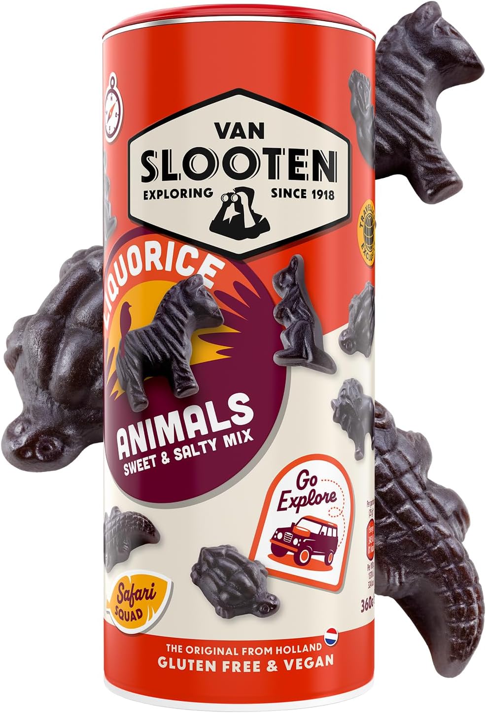 Van Slooten Animal Shaped Liquorice Mix (360g Travel Tube) - Selection Pack Of Sweet & Salty Liquorice Sweets - Vegan & Gluten Free Liquorice Candy In Soft & Chewy Sweet Form - Confectionary Gift