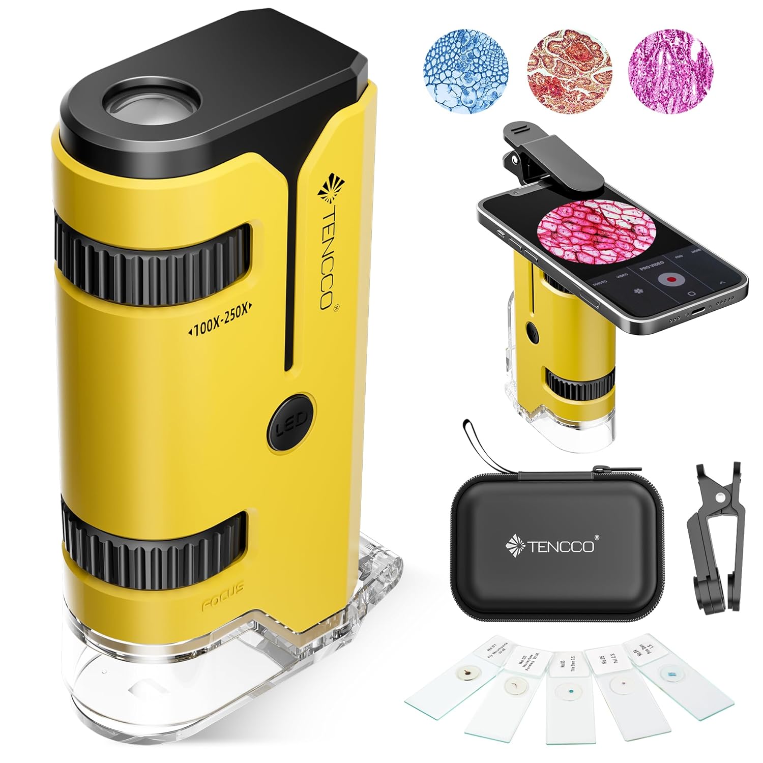 100x-250x Pocket Microscope for Kids Adults, Protable Handheld Miniscope, Mini Microscope Kit for Kids Adults Home School Lab Biology Science Education, Yellow