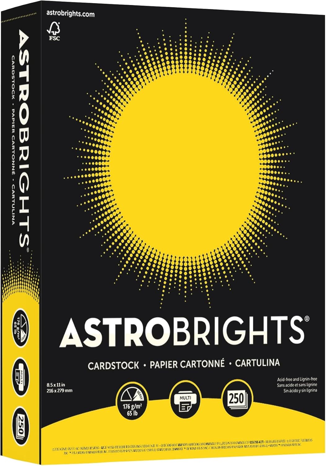 Astrobrights(R) Cover Stock, 8 1/2in. x 11in., 65 Lb, Solar Yellow, Pack Of 250 Sheets, 21738