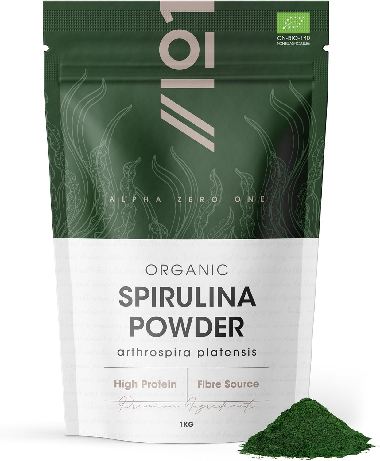Organic Spirulina Powder 1kg – 100% Cold Pressed – Resealable and Recyclable Pouch by Alpha01