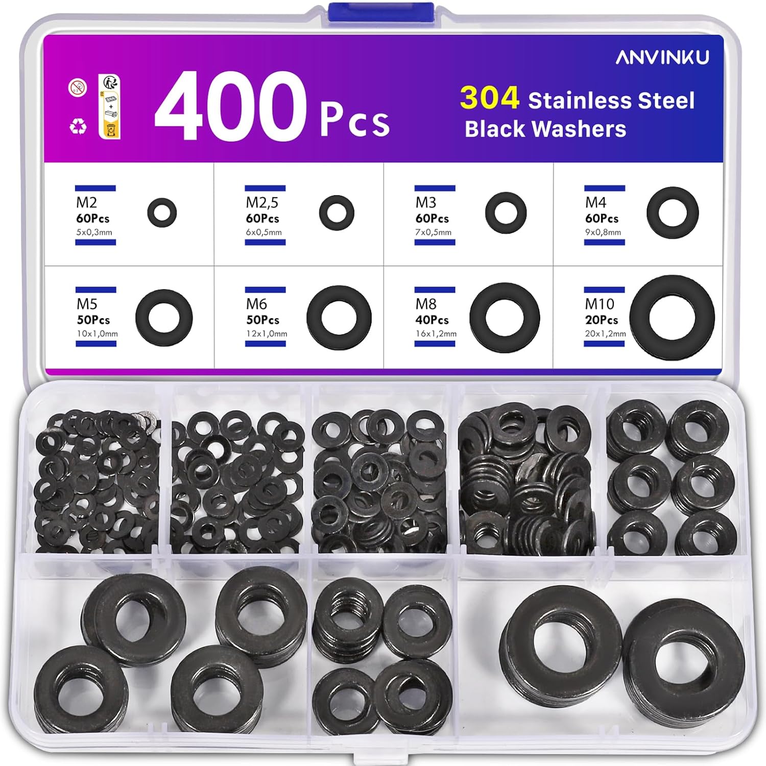 400PCS Black Washers for Screws, ANVINKU Stainless Steel Washer for Bolts, 8 Sizes Assorted Washers M2 M2.5 M3 M4 M5 M6 M8 M10, Metal Washer Assorted for Repair
