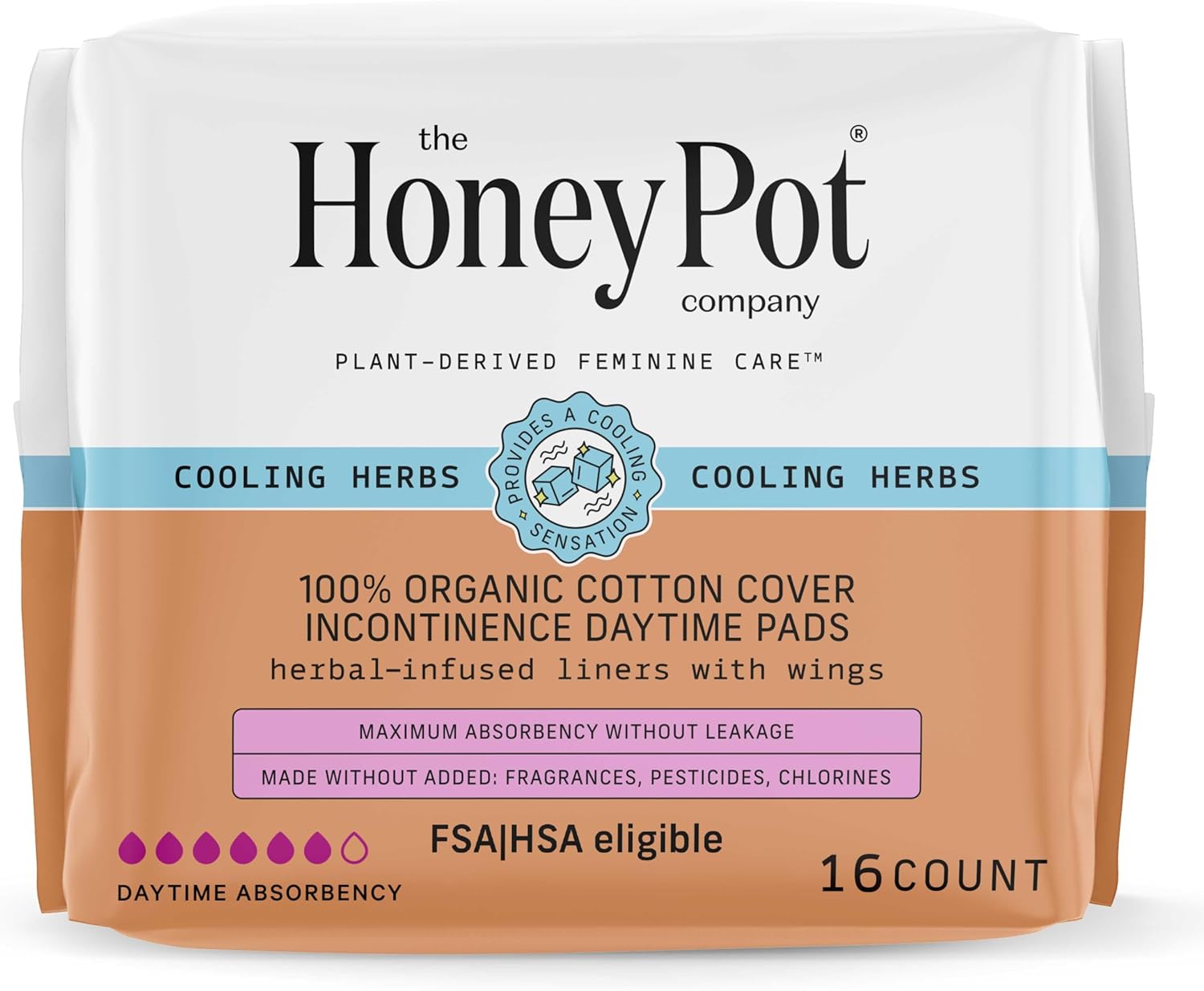 The Honey Pot Company, Herbal-Infused Cotton Incontinence Pads with Wings, 16 Count