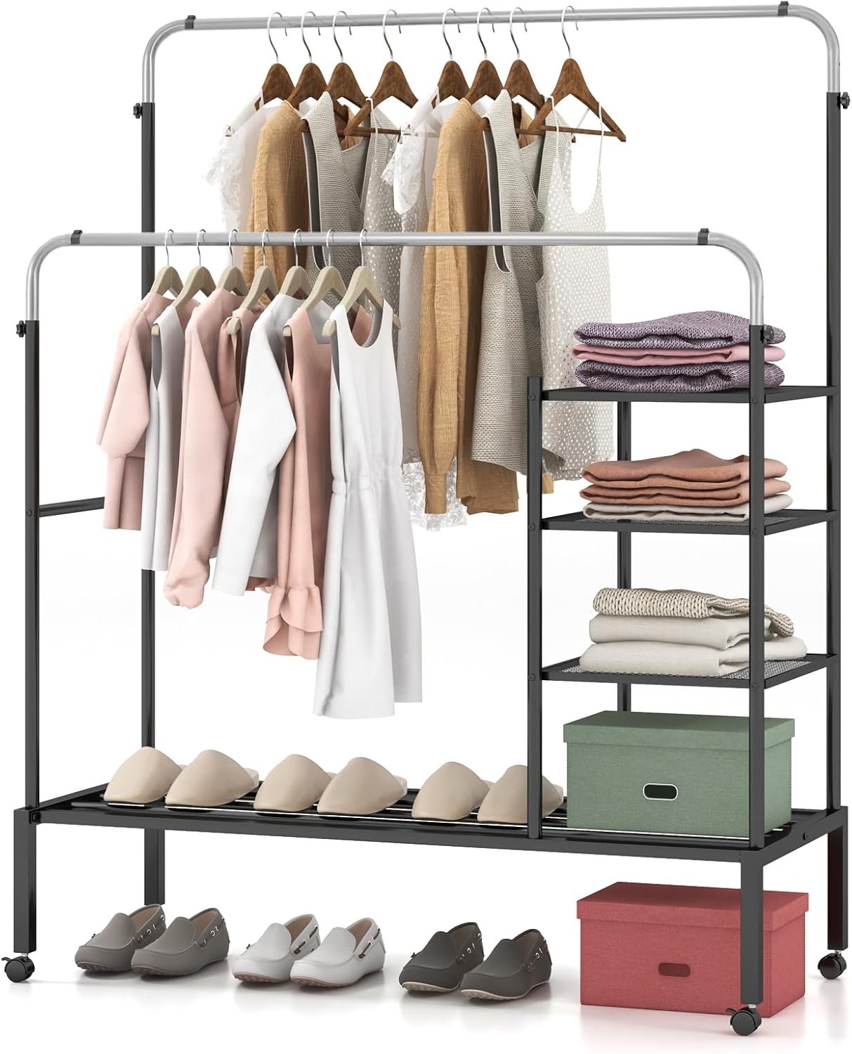 COSTWAY Clothes Rack with 2 Clothes Rails, Clothes Rack on Wheels, Height Adjustable with 3 Layers of Side Shelves, Metal Coat Stand, 135 x 54 x 170 cm (Silver)
