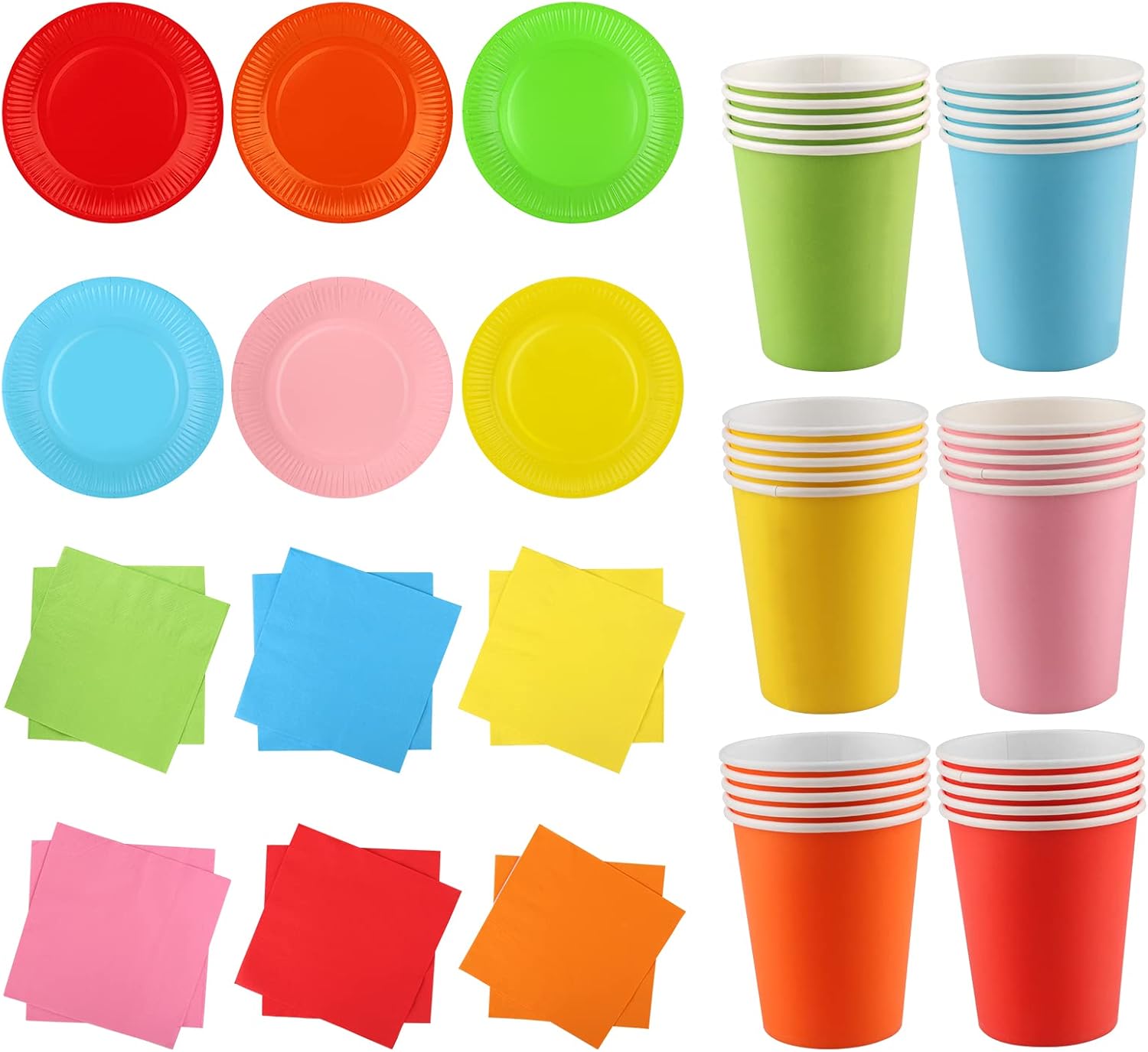 Fowecelt Party Plates Cups Napkins - 90pcs Paper Plates and Cups Set, Rainbow Party Tableware, Neon Party Supplies, Coloured Paper Plates Multicolor Cups Rainbow Napkins for Birthday Decoration