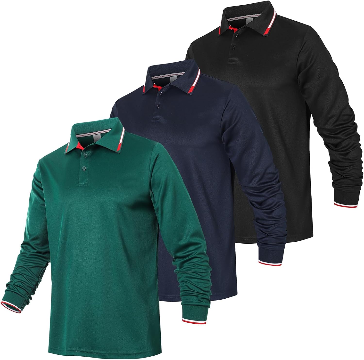 Gaiatiger 3 Pack Mens Polo Shirts Breathable Moisture Wicking Work Polo T Shirts Casual Tops Long Sleeve Golf Shirts Sports Tee,P8510-3,Black Navy Green,2XL