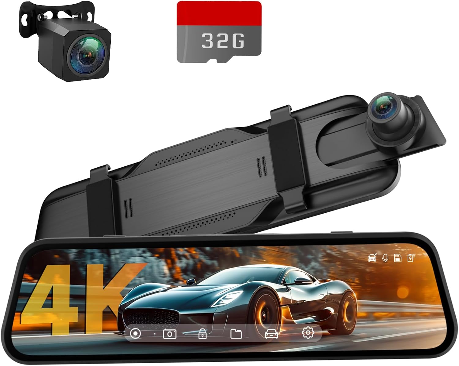 4K Rear View Mirror Camera, 10'' 4K Mirror Dash Cam with 1080P Backup Camera, Dash Cam Front and Rear for Car with Voice Control, 24H Parking Mode, Night Vision, 32GB SD Card Included