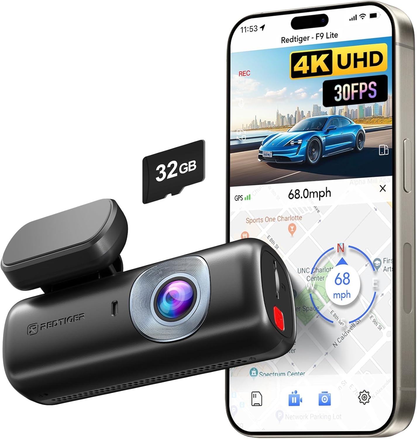 REDTIGER 4K Dash Cam Front, ADAS, Built-in WiFi GPS, Mini Hidden Dash Camera for Cars with G Sensor, 24H Parking Monitor, Free 32GB Memory Card, APP Control, Loop Recording, Night Vision (F9 Lite)
