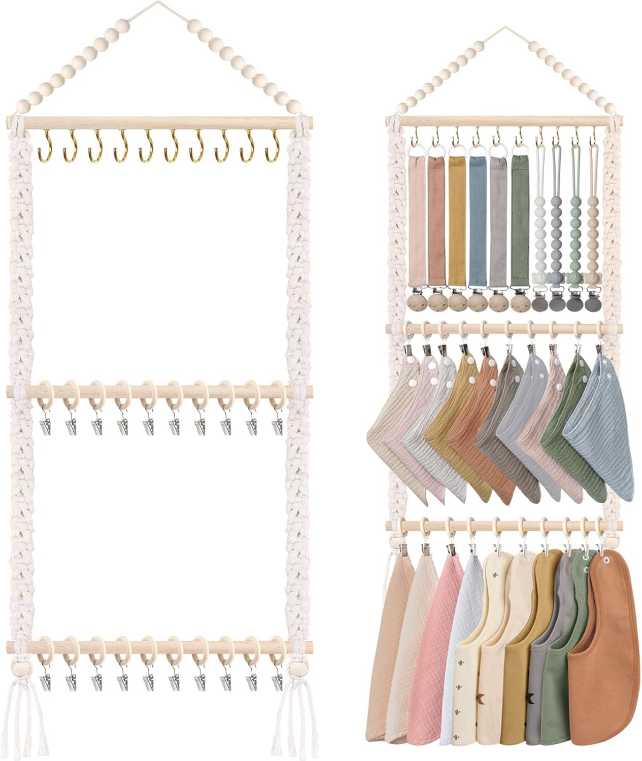 POVETIRE Pacifier Clip Holder Baby Bibs Organizer, Neutral Baby Bandana Drool Bibs Holder - Baby Burp Cloths Organizer Storage Hanging Wall Decor for Nursery Newborn Infant Girls and Boys Room