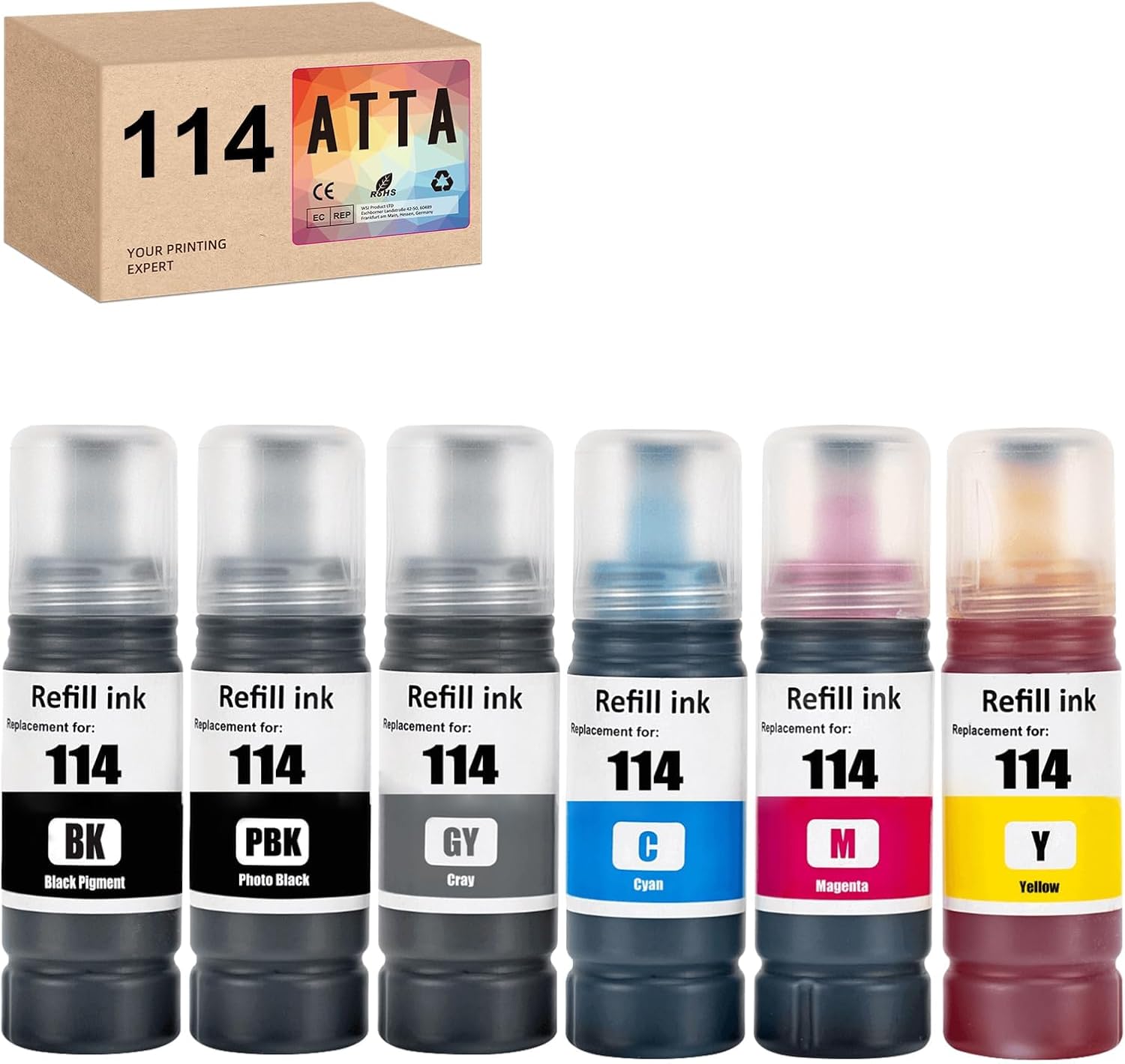 ATTA 114 Ink Bottle Replacement for Epson 114 Ecotank 114 Compatible with Epson EcoTank ET-8500 ET-8550 C13T07A140 C13T07B140 C13T07B240 C13T07B340 C13T07B440 C13T07B540 (6 pack)