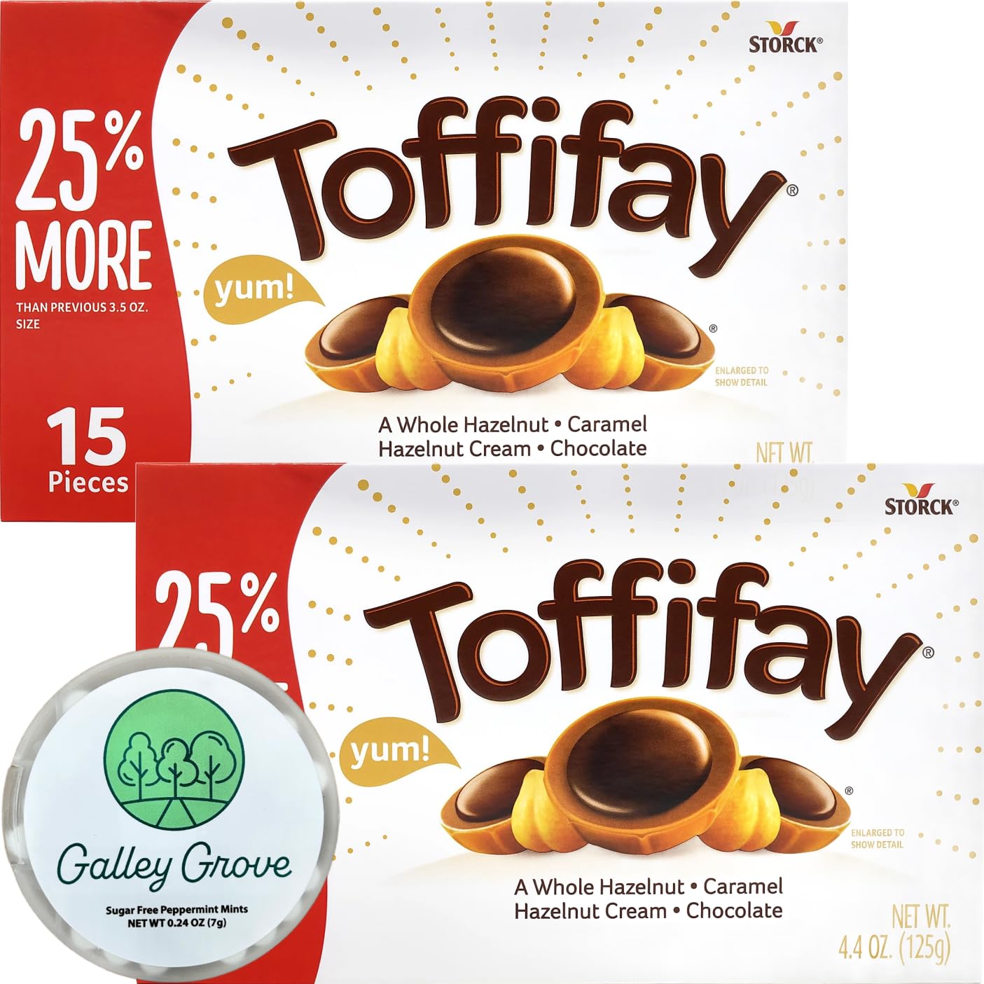 Toffifay Candy - Caramel, Chocolate and Hazelnut 4.4 oz (2-PACK) - 30 Total Pieces, Bundle With Galley Grove Sugar-Free Peppermint Breath Mints