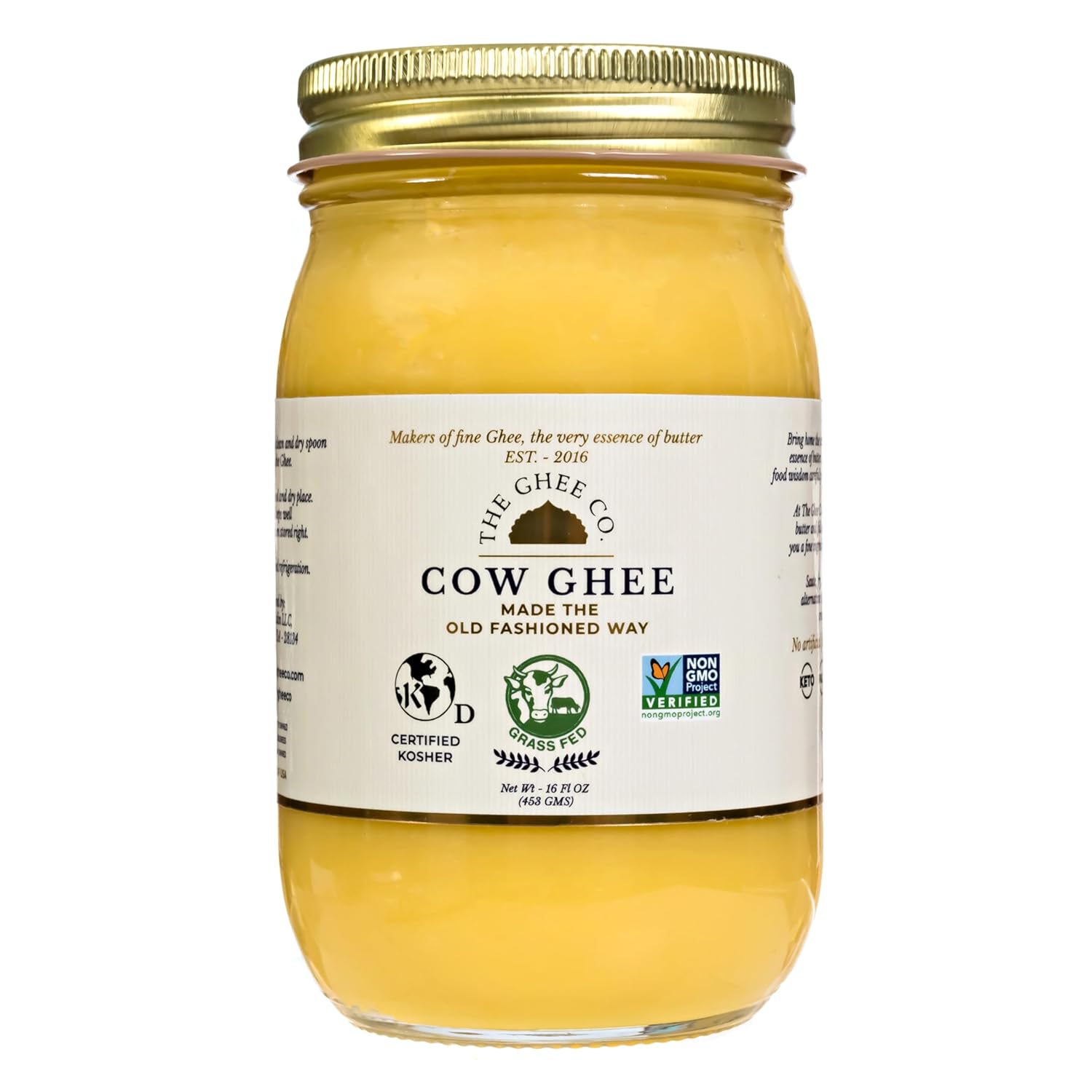 The Ghee Co, Grass fed Ghee, 16 oz, Glass Jar, Made with Grade AA butter, pure ghee, clarified butter, ghee butter, certified NON GMO